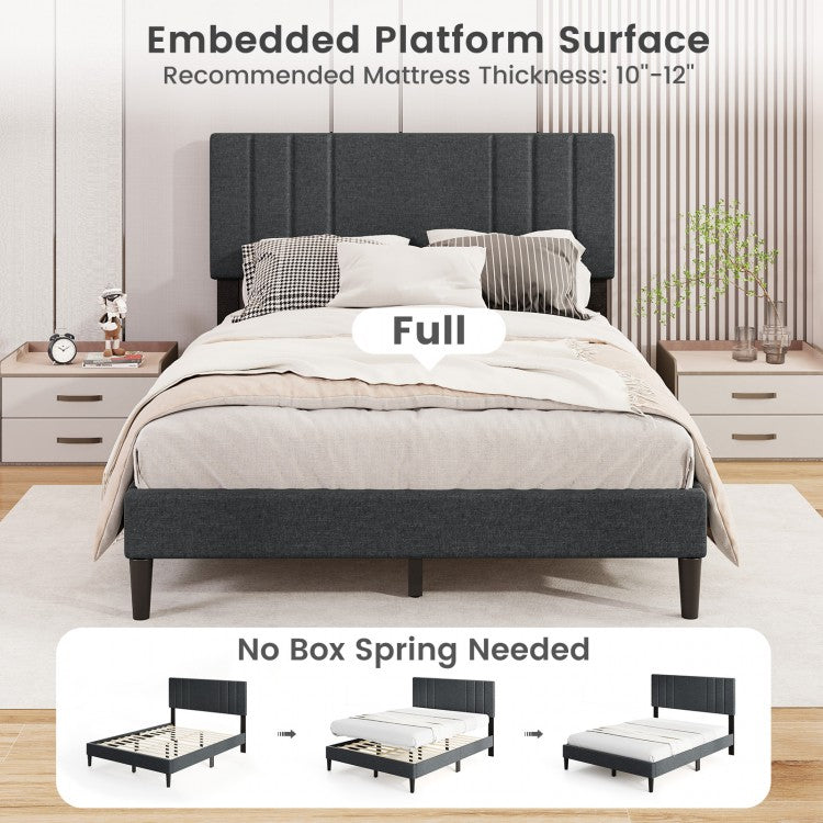 Faux Linen Upholstered Bed Frame with Channel Tufted Headboard and Sturdy Wood Slats – Full Size