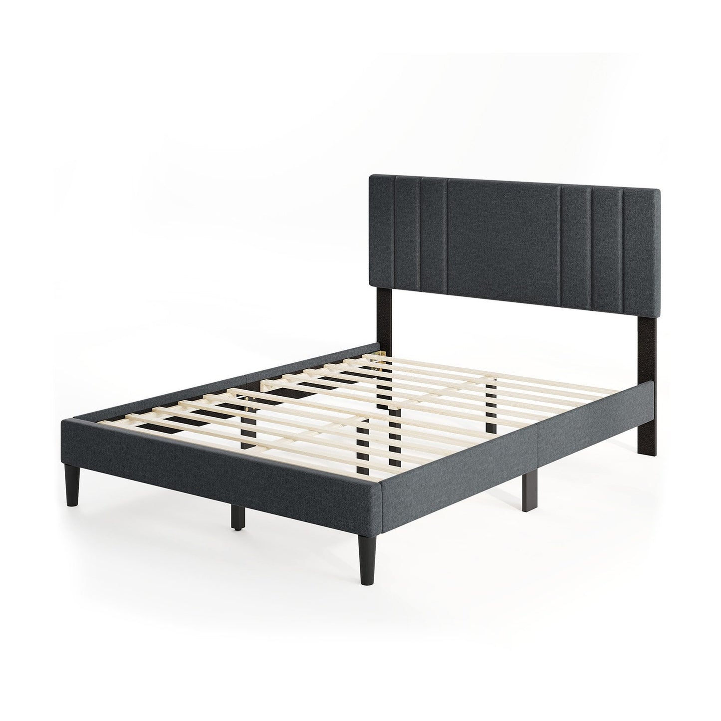 Faux Linen Upholstered Bed Frame with Channel Tufted Headboard and Sturdy Wood Slats – Full Size