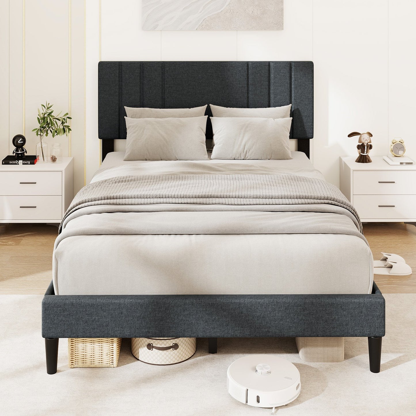 Faux Linen Upholstered Bed Frame with Channel Tufted Headboard and Sturdy Wood Slats – Full Size