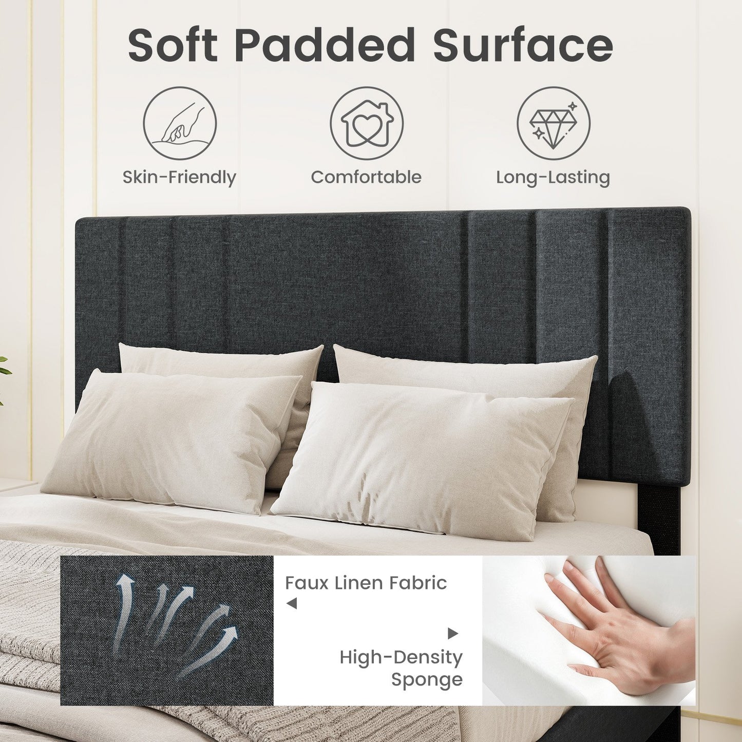 Faux Linen Upholstered Bed Frame with Channel Tufted Headboard and Sturdy Wood Slats – Full Size