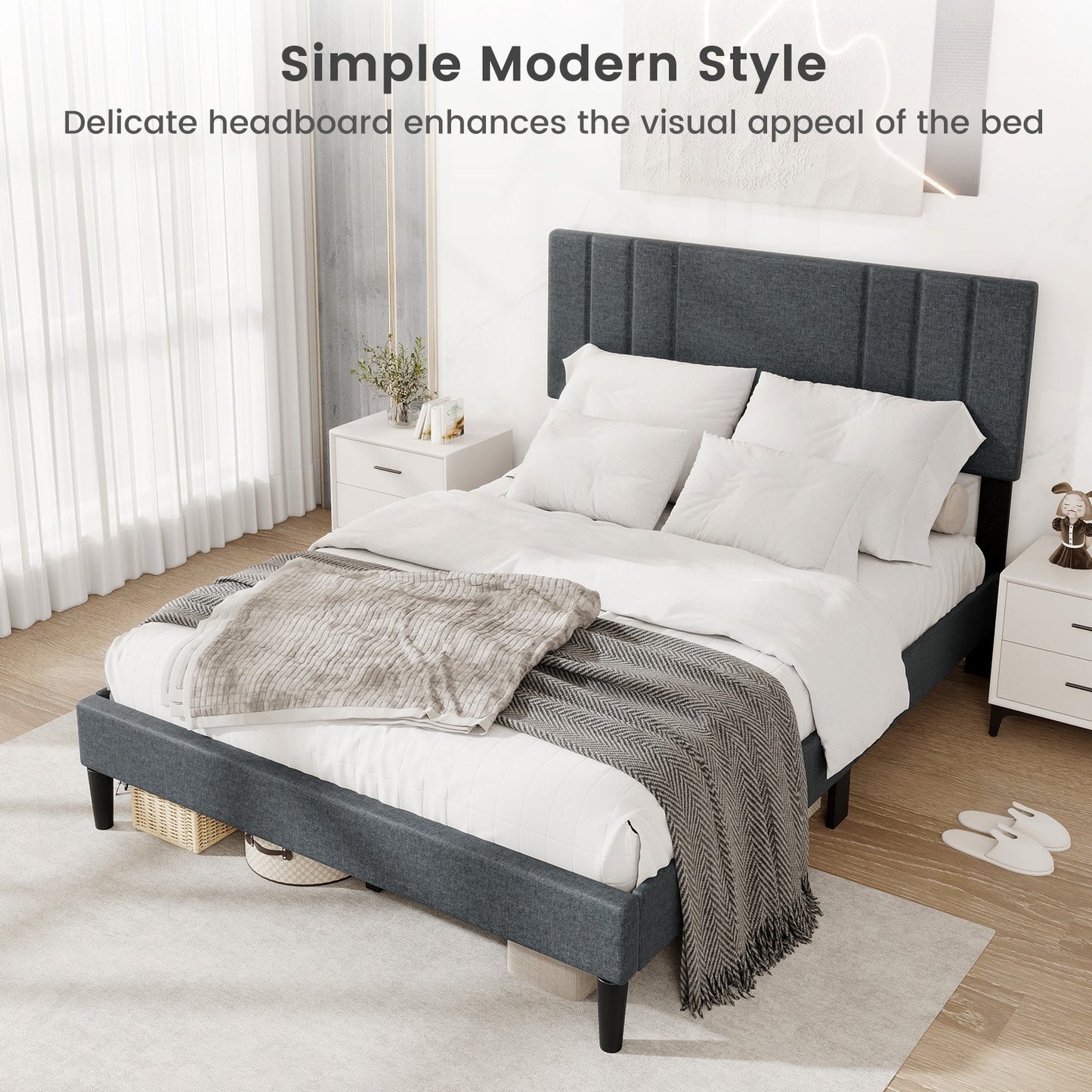 Faux Linen Upholstered Bed Frame with Channel Tufted Headboard and Sturdy Wood Slats – Full Size