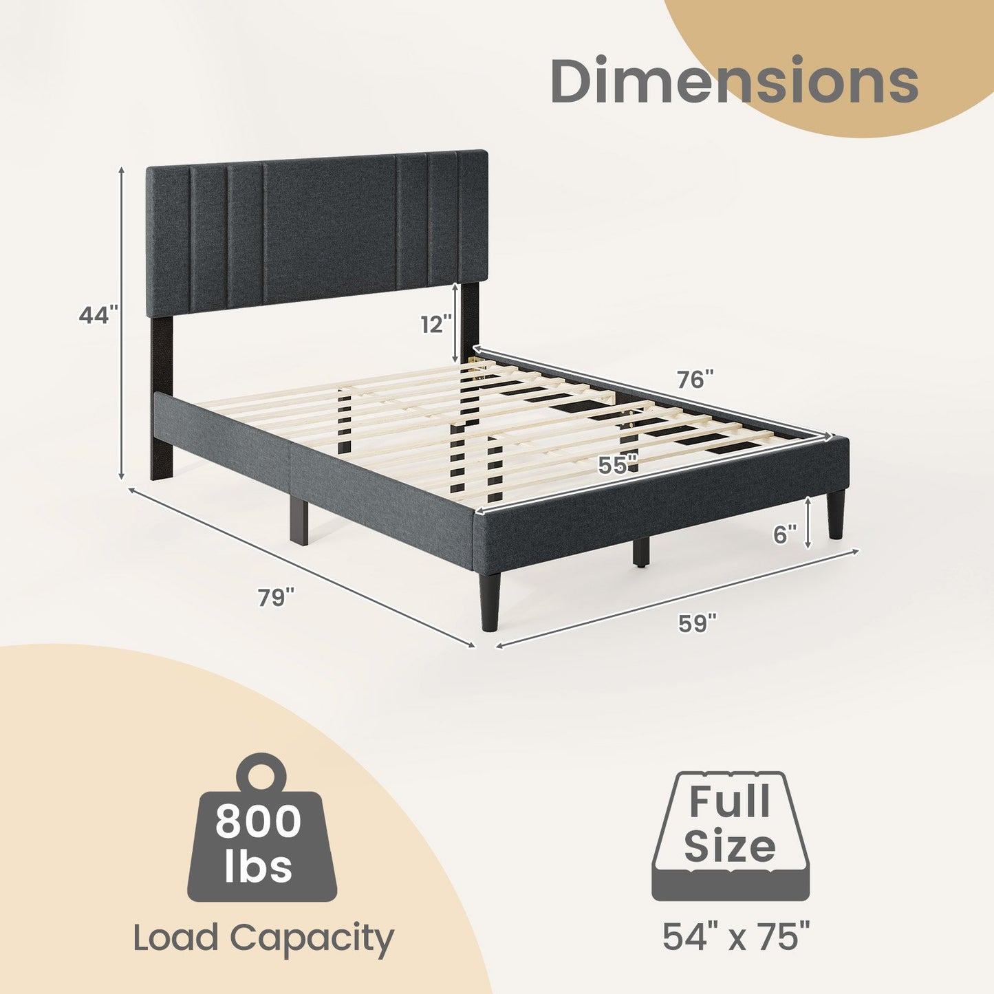 Faux Linen Upholstered Bed Frame with Channel Tufted Headboard and Sturdy Wood Slats – Full Size