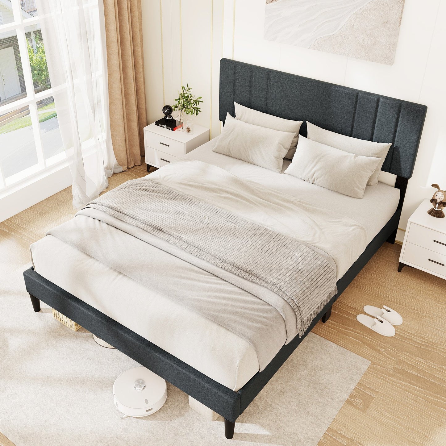 Faux Linen Upholstered Bed Frame with Channel Tufted Headboard and Sturdy Wood Slats – Queen Size