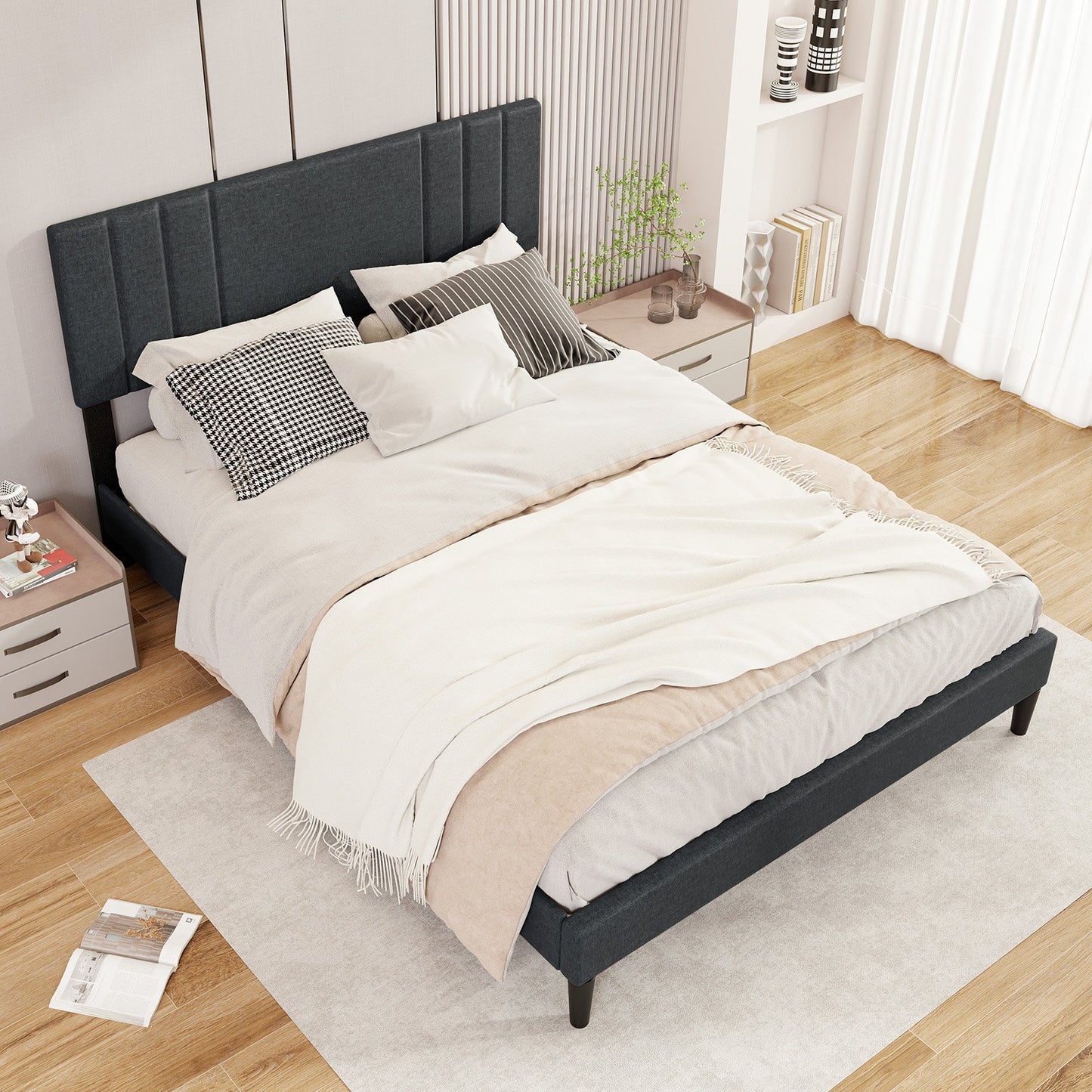 Faux Linen Upholstered Bed Frame with Channel Tufted Headboard and Sturdy Wood Slats – Queen Size