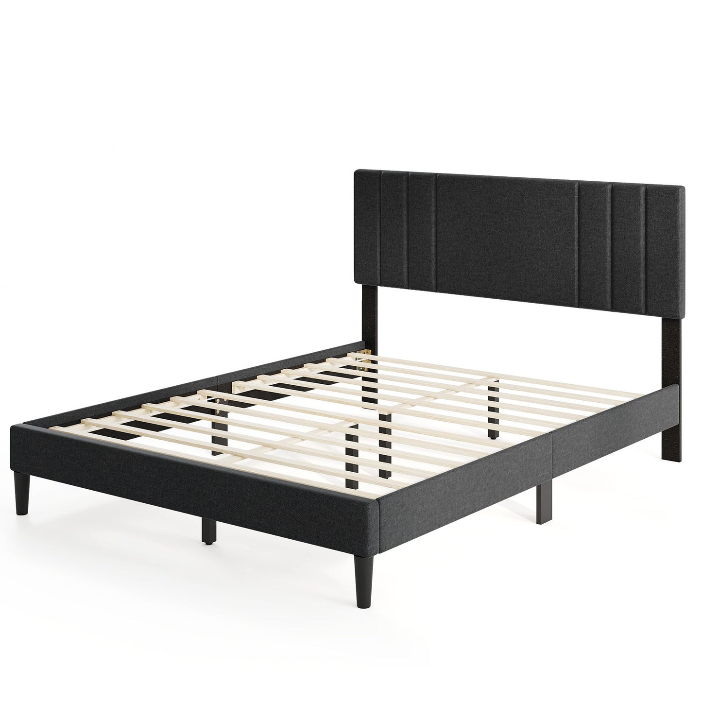 Faux Linen Upholstered Bed Frame with Channel Tufted Headboard and Sturdy Wood Slats – Queen Size