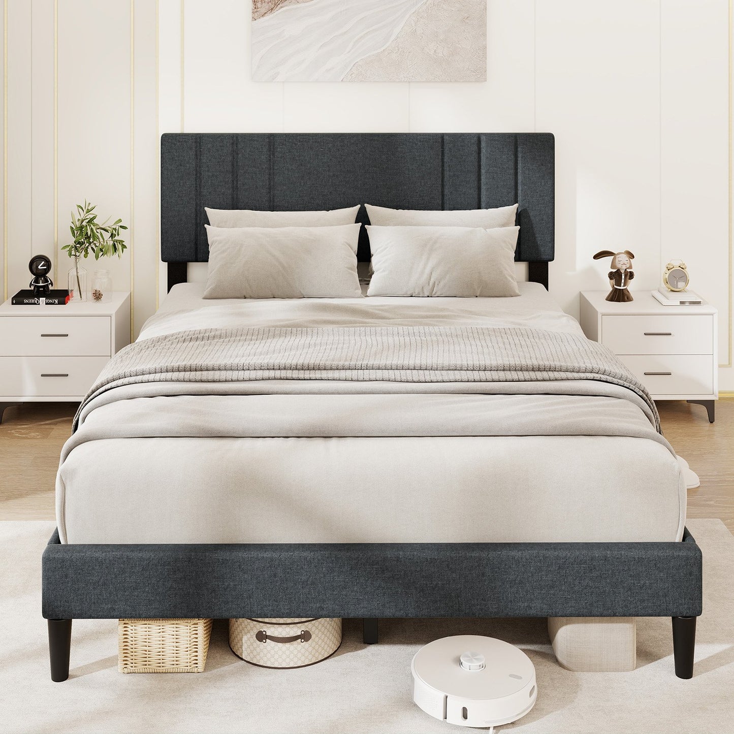 Faux Linen Upholstered Bed Frame with Channel Tufted Headboard and Sturdy Wood Slats – Queen Size