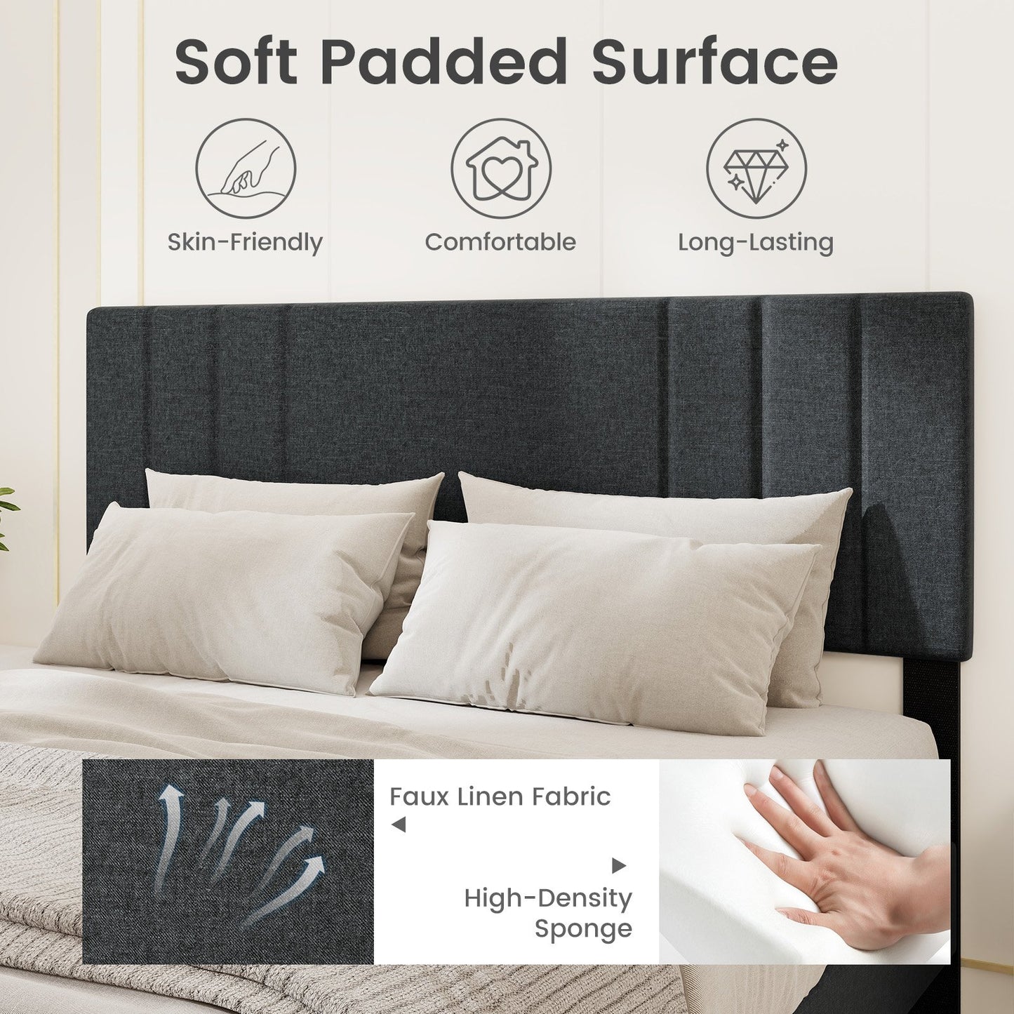 Faux Linen Upholstered Bed Frame with Channel Tufted Headboard and Sturdy Wood Slats – Queen Size