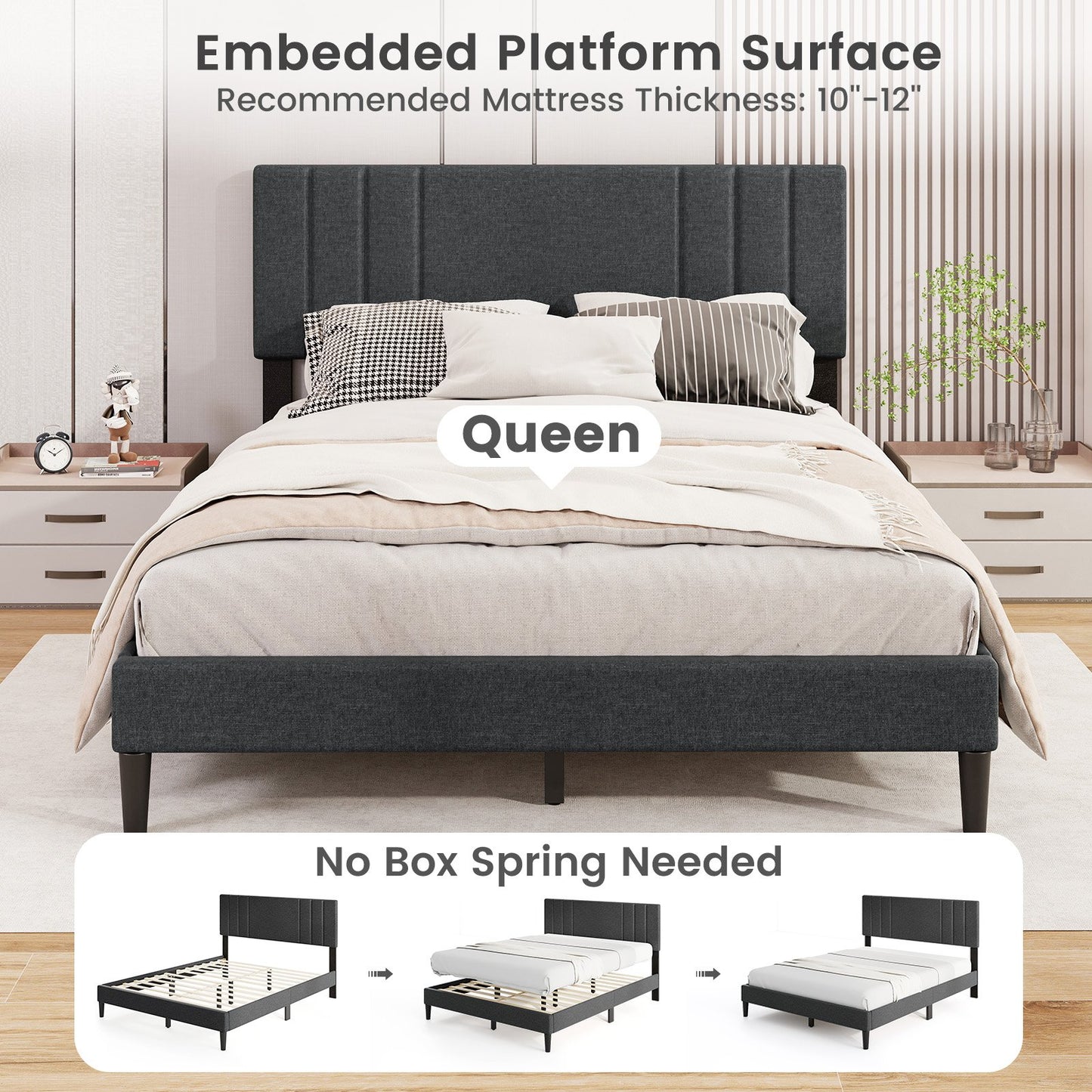 Faux Linen Upholstered Bed Frame with Channel Tufted Headboard and Sturdy Wood Slats – Queen Size