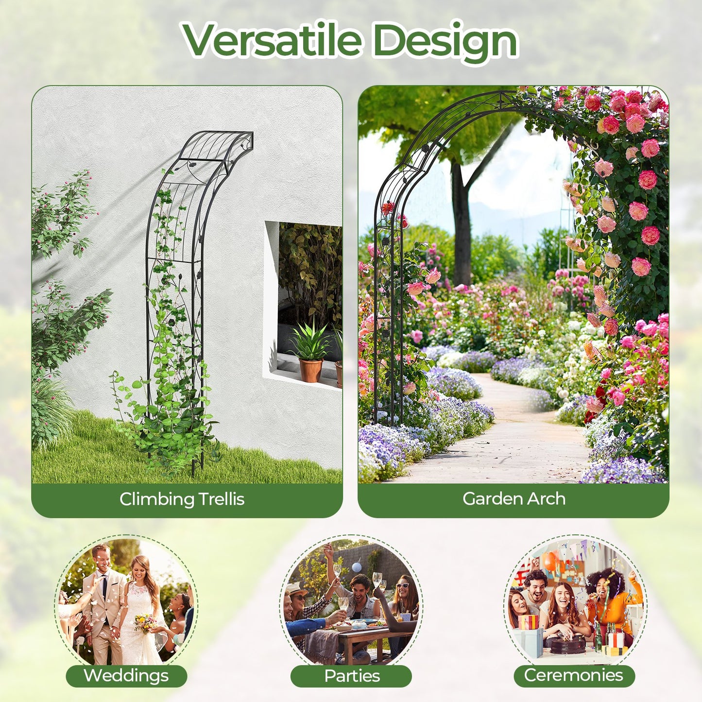 Multipurpose Metal Garden Arch Trellis with 7 Adjustable Forms for Climbing Plants and Decorations