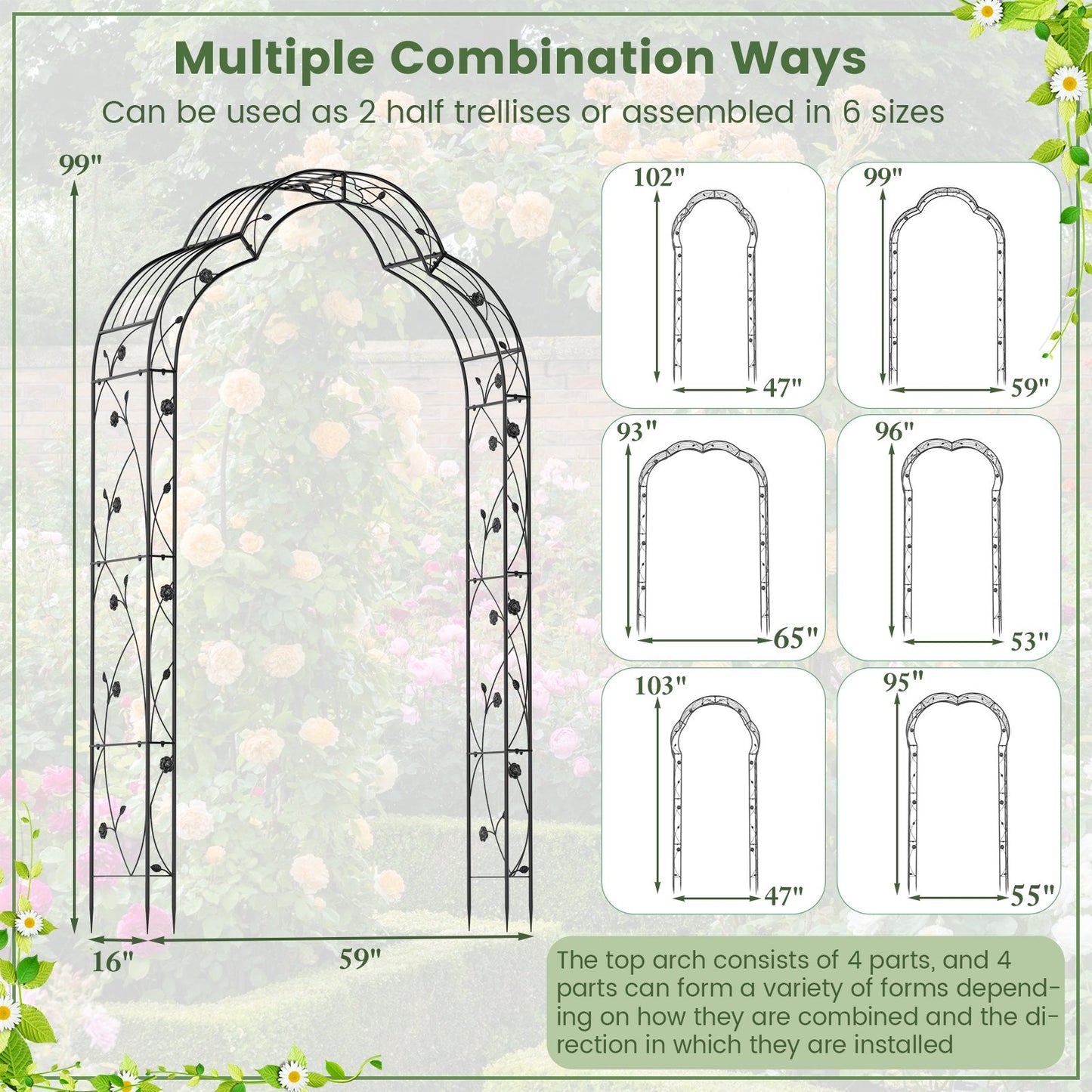 Multipurpose Metal Garden Arch Trellis with 7 Adjustable Forms for Climbing Plants and Decorations