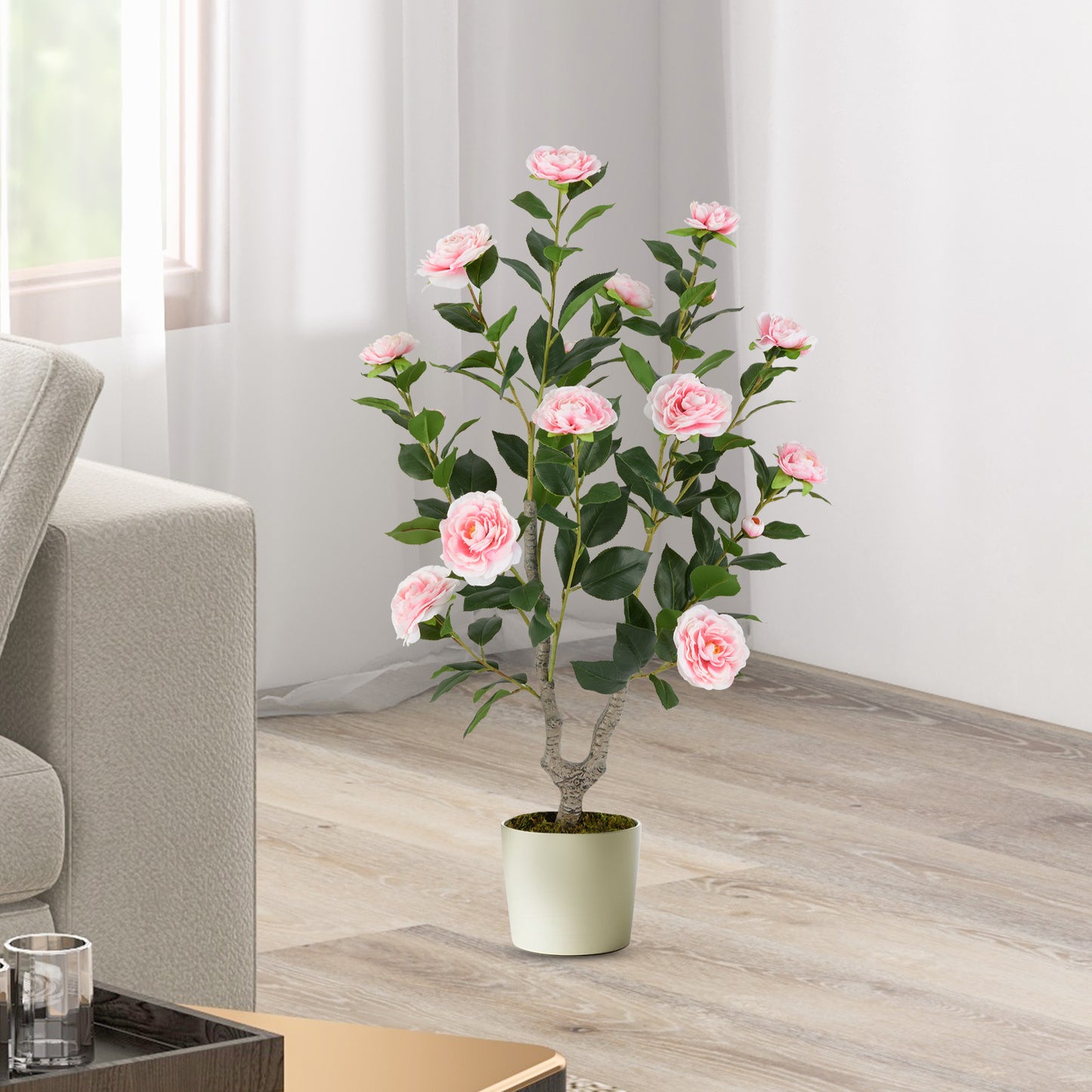 36 Inch Artificial Camellia Tree with Vibrant Blooming Flowers - Set of 2