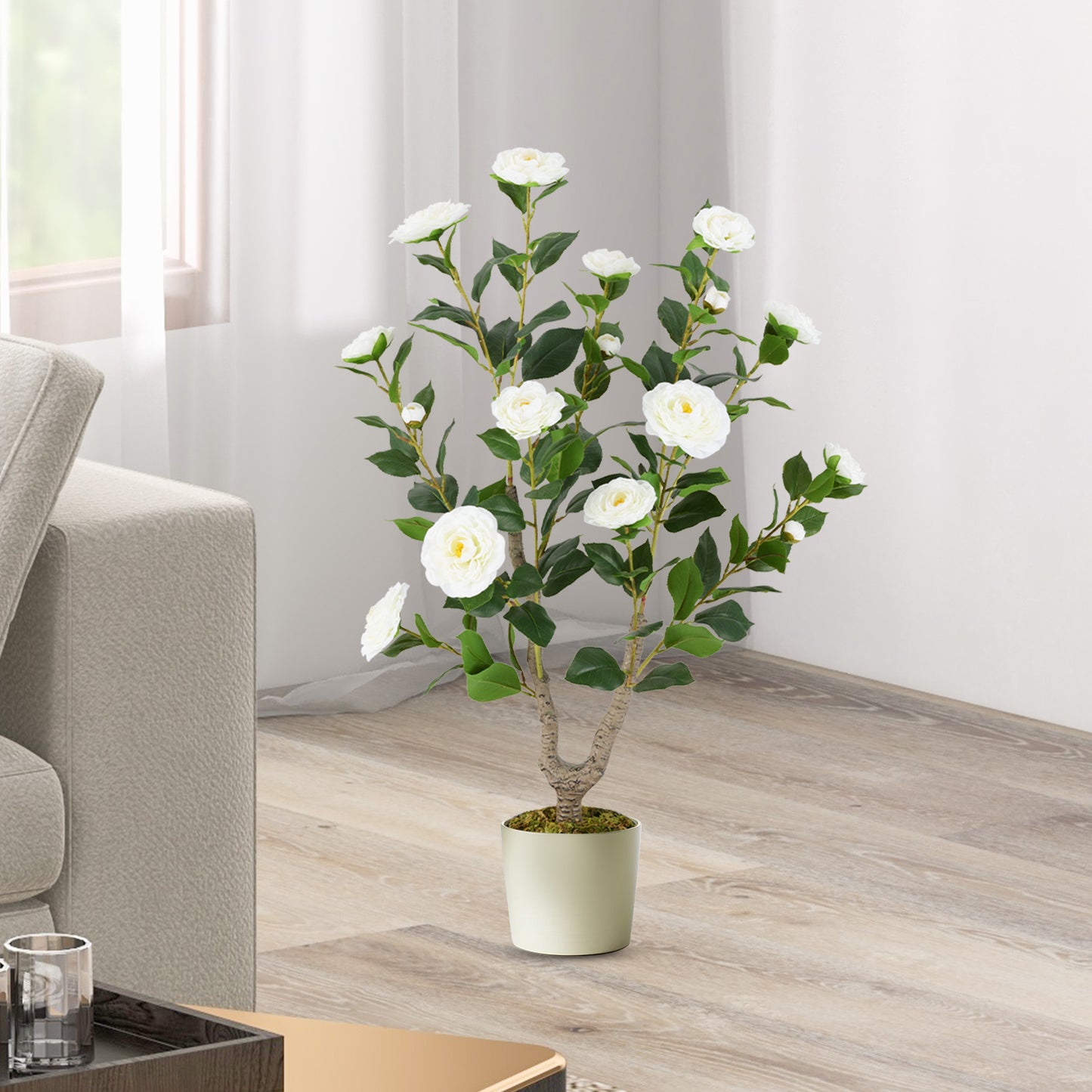 36 Inch Artificial Camellia Tree with Vibrant Blooming Flowers - Set of 2