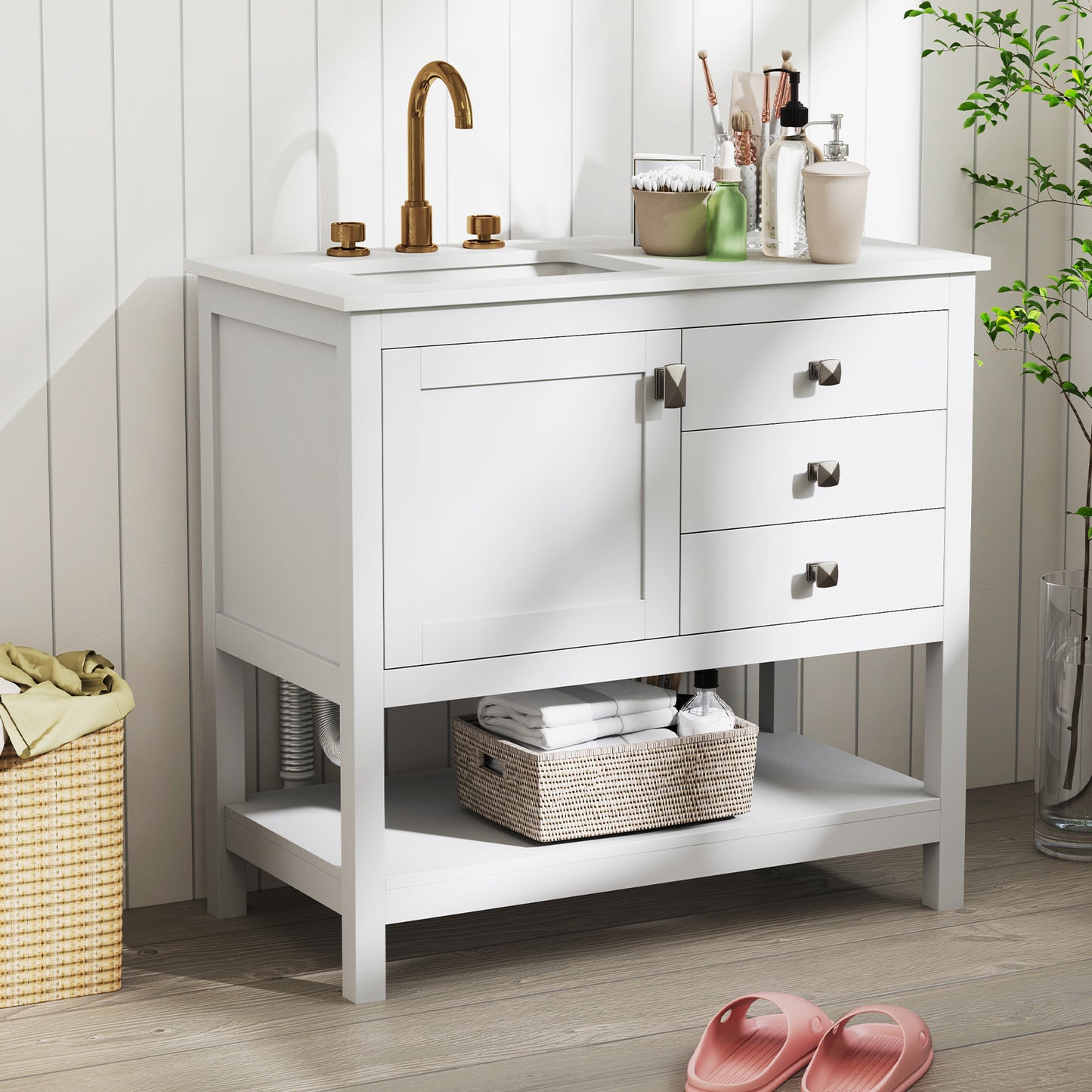 36" Bathroom Vanity with Ceramic Sink, Granite Countertop and Sliding Drawers