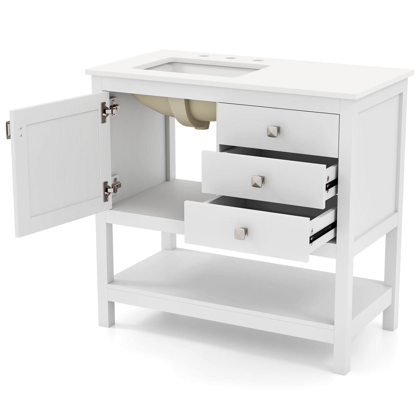 36" Bathroom Vanity with Ceramic Sink, Granite Countertop and Sliding Drawers