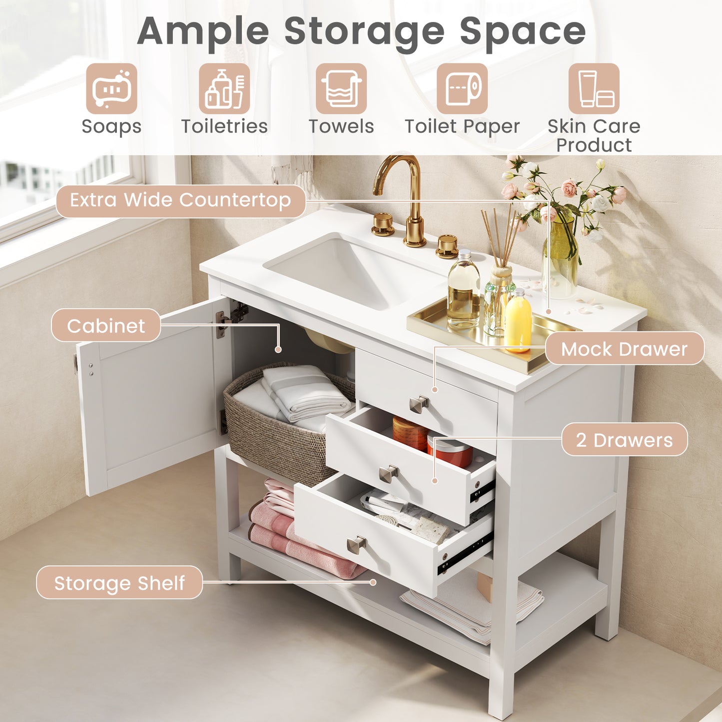 36" Bathroom Vanity with Ceramic Sink, Granite Countertop and Sliding Drawers