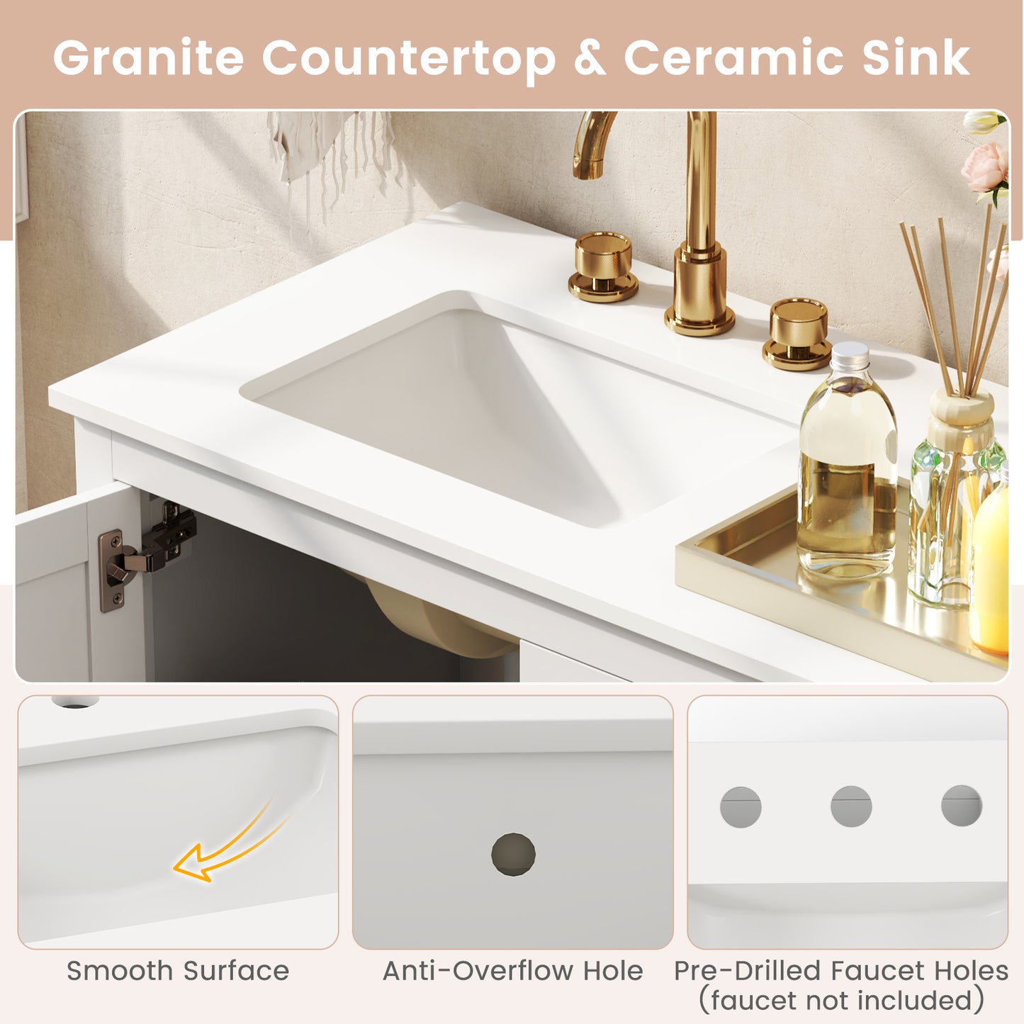 36" Bathroom Vanity with Ceramic Sink, Granite Countertop and Sliding Drawers