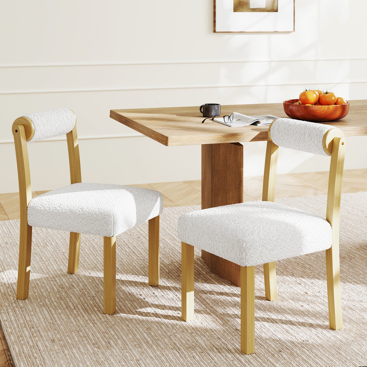 Luxurious Faux Sherpa Wooden Dining Chairs with Cylinder Back - Set of 2