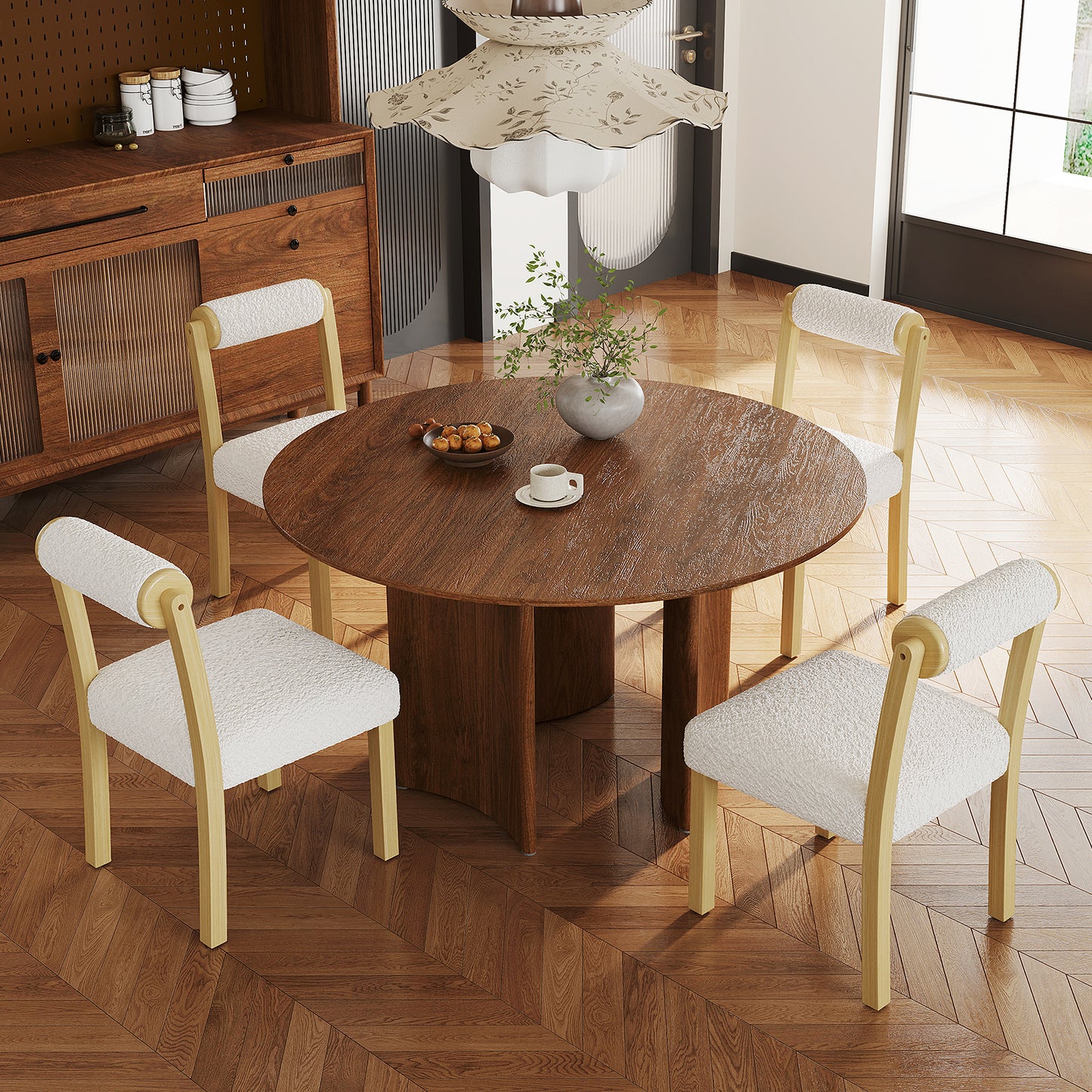 Luxurious Faux Sherpa Wooden Dining Chairs with Cylinder Back - Set of 2