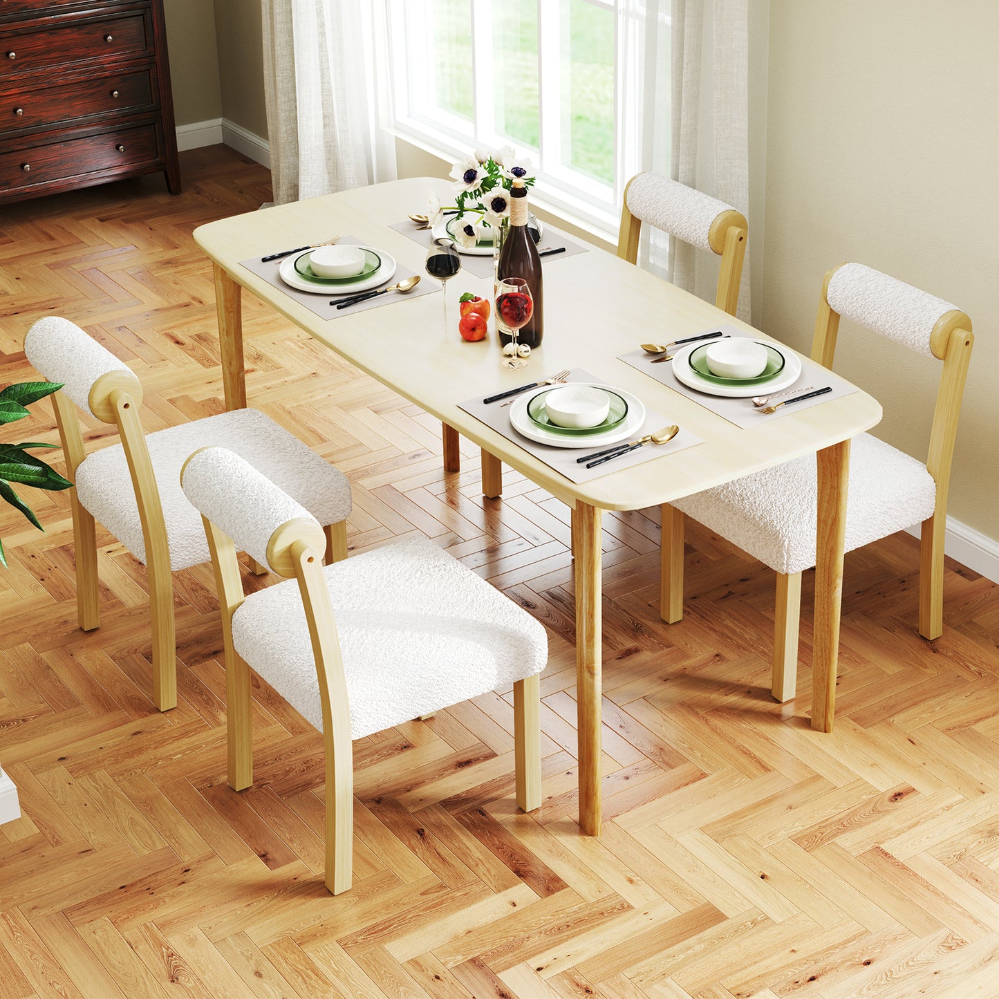 Luxurious Faux Sherpa Wooden Dining Chairs with Cylinder Back - Set of 2