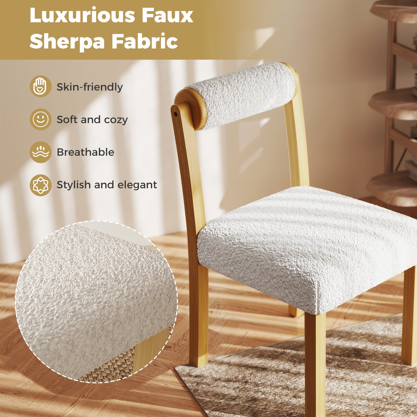 Luxurious Faux Sherpa Wooden Dining Chairs with Cylinder Back - Set of 2
