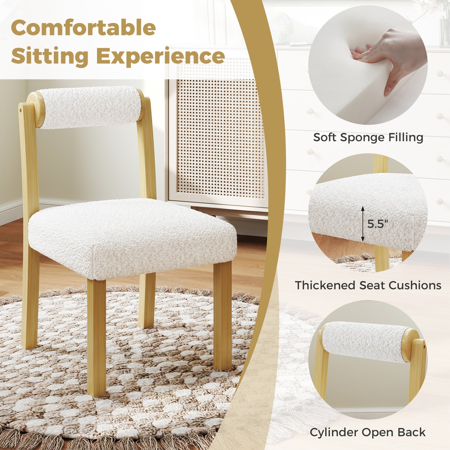 Luxurious Faux Sherpa Wooden Dining Chairs with Cylinder Back - Set of 2
