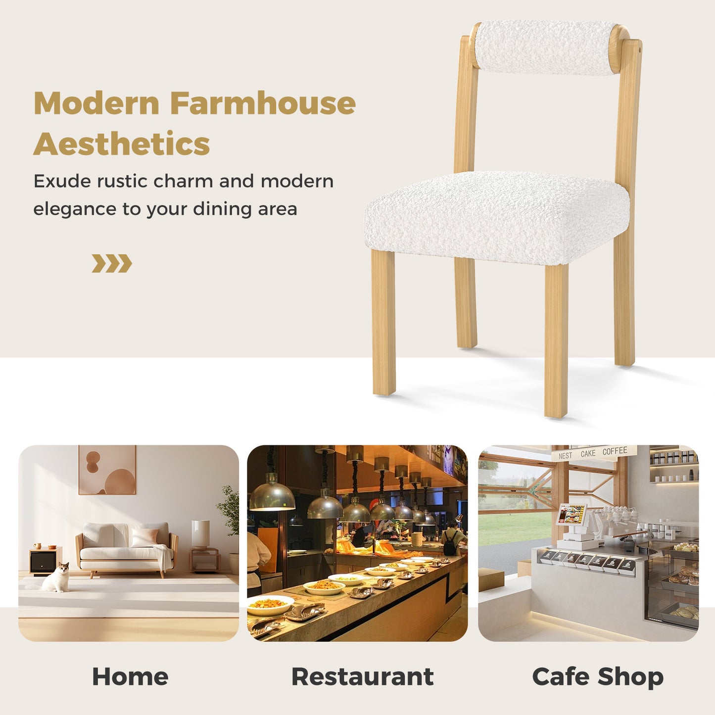 Luxurious Faux Sherpa Wooden Dining Chairs with Cylinder Back - Set of 2