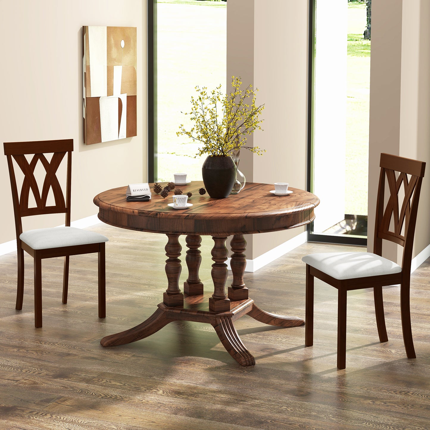 Set of 2 Wood Dining Chairs with Linen Upholstered Seat and Ergonomic Backrest