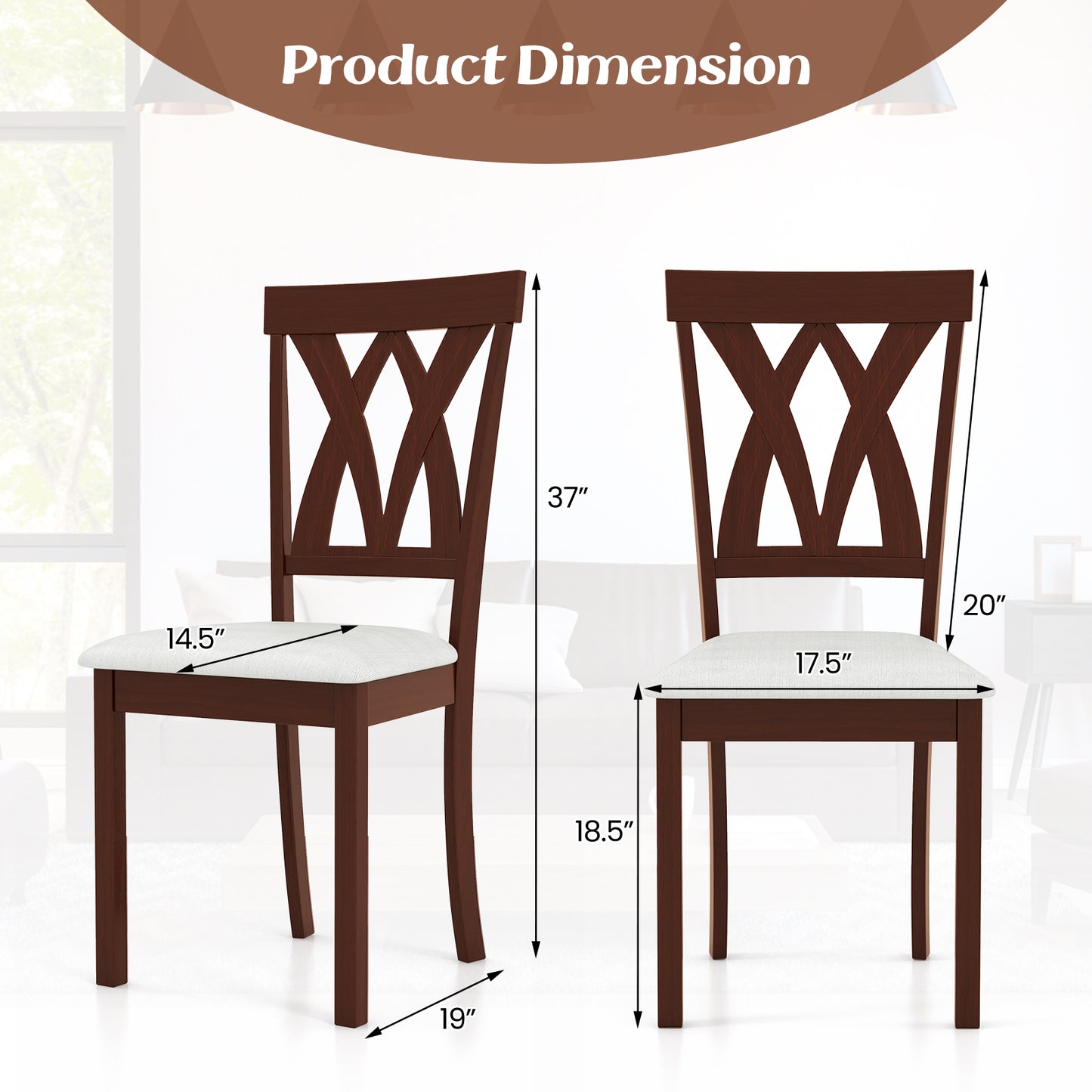 Set of 2 Wood Dining Chairs with Linen Upholstered Seat and Ergonomic Backrest