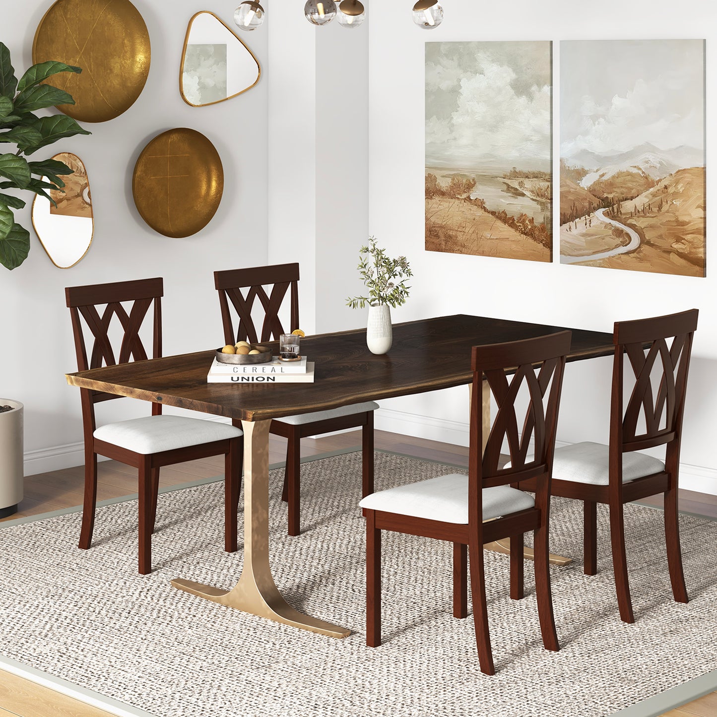 Set of 2 Wood Dining Chairs with Linen Upholstered Seat and Ergonomic Backrest