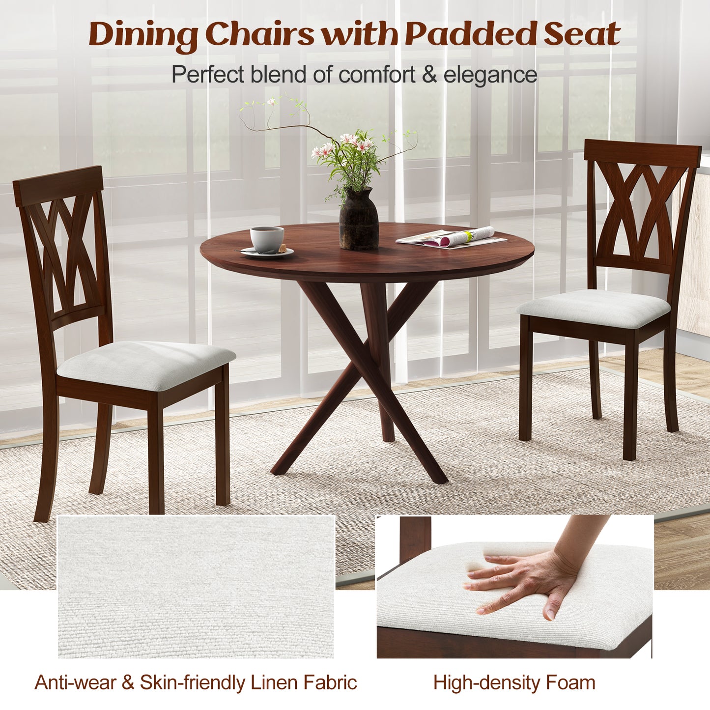 Set of 2 Wood Dining Chairs with Linen Upholstered Seat and Ergonomic Backrest