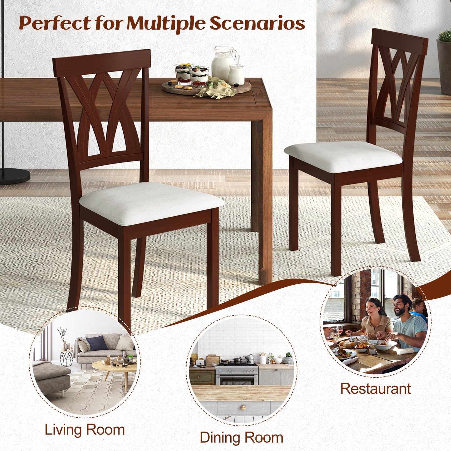 Set of 2 Wood Dining Chairs with Linen Upholstered Seat and Ergonomic Backrest