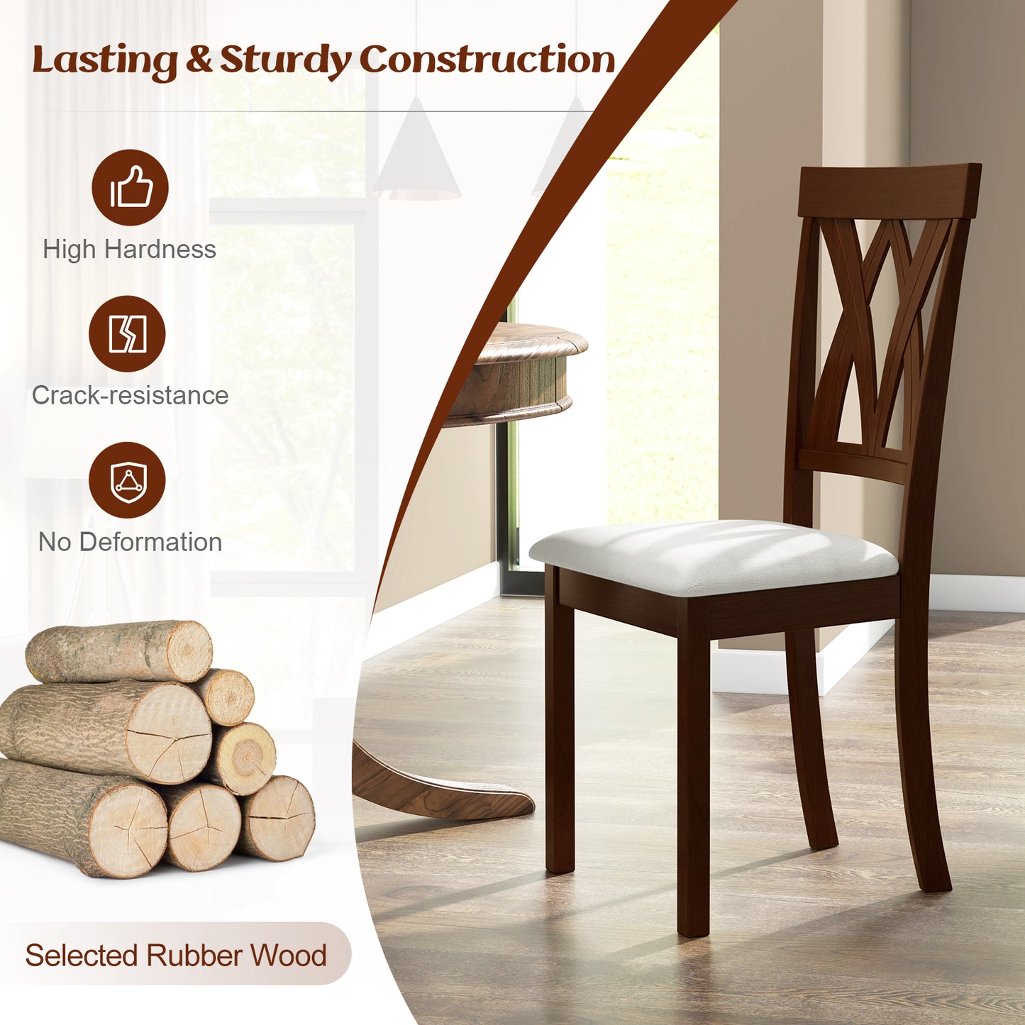 Set of 2 Wood Dining Chairs with Linen Upholstered Seat and Ergonomic Backrest