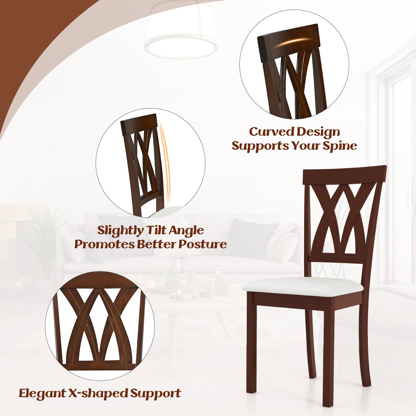 Set of 2 Wood Dining Chairs with Linen Upholstered Seat and Ergonomic Backrest