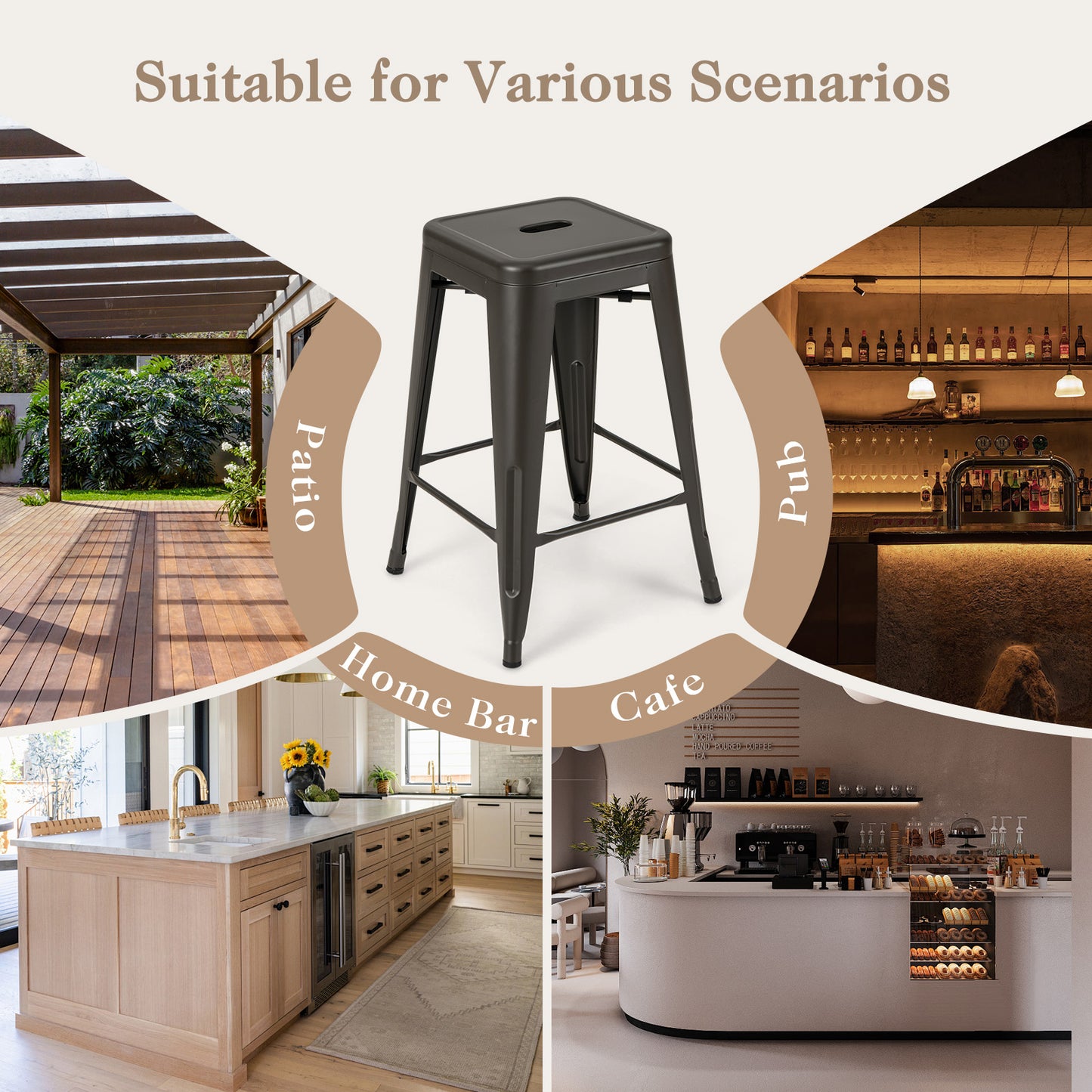 Set of 4 Tolix Style 24 Inch Counter Height Bar Stools Stackable Metal Chairs in Gunmetal Finish