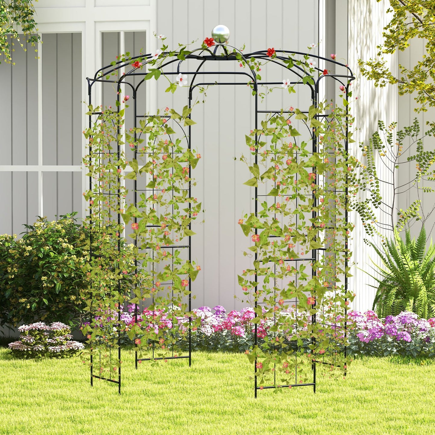 2-in-1 Gazebo Trellis with Hanging Hook and Birdcage Design for Climbing Plants and Outdoor Decoration