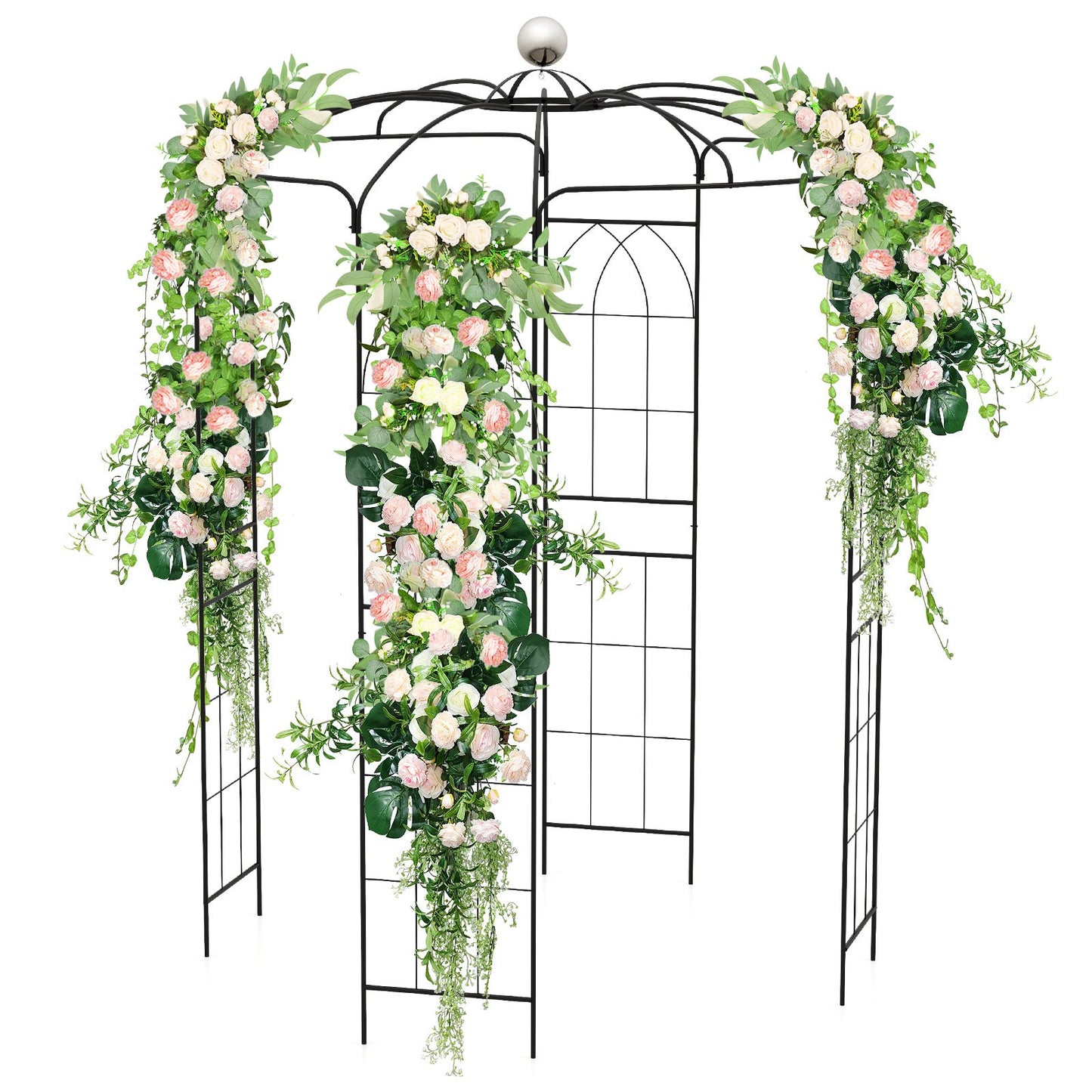 2-in-1 Gazebo Trellis with Hanging Hook and Birdcage Design for Climbing Plants and Outdoor Decoration