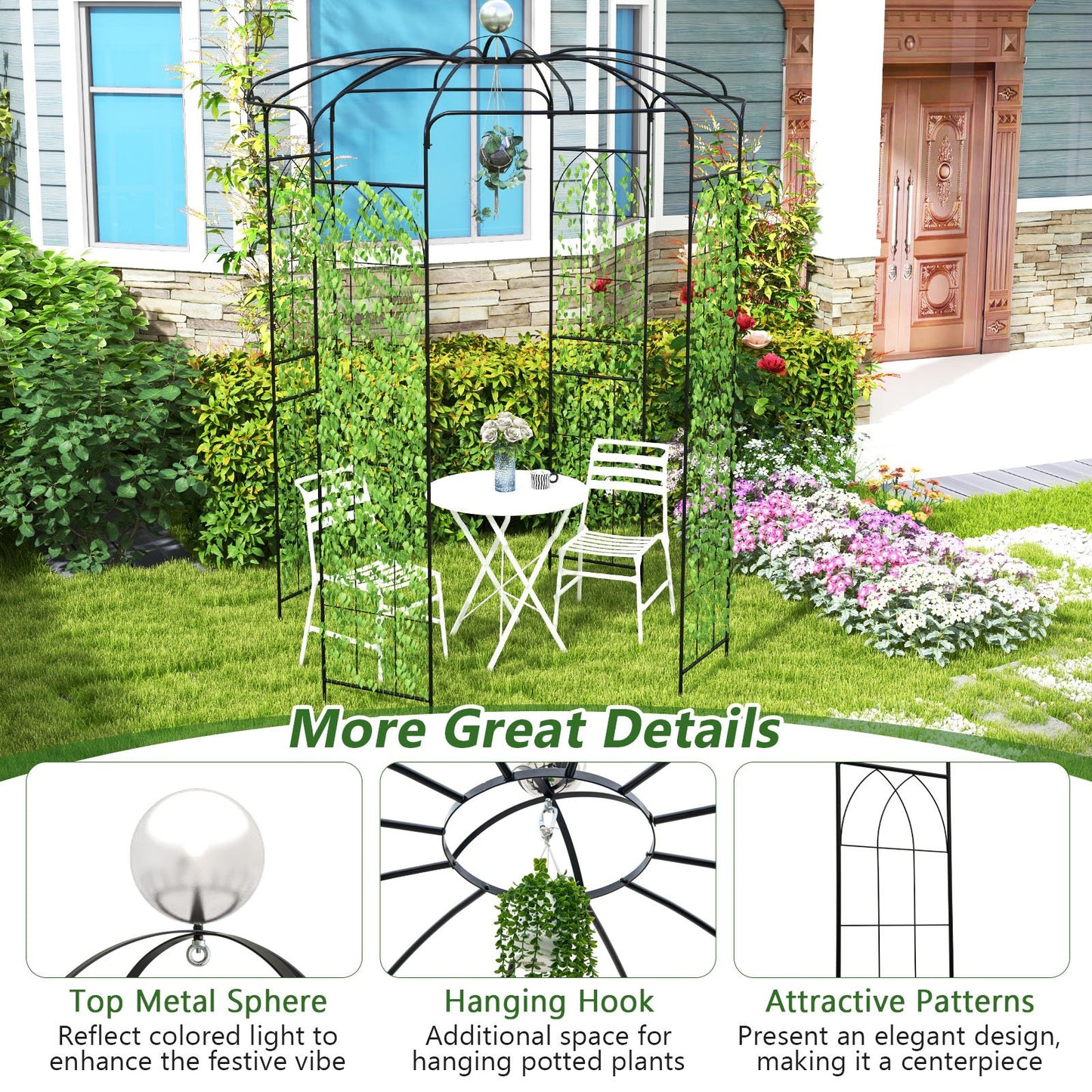 2-in-1 Gazebo Trellis with Hanging Hook and Birdcage Design for Climbing Plants and Outdoor Decoration