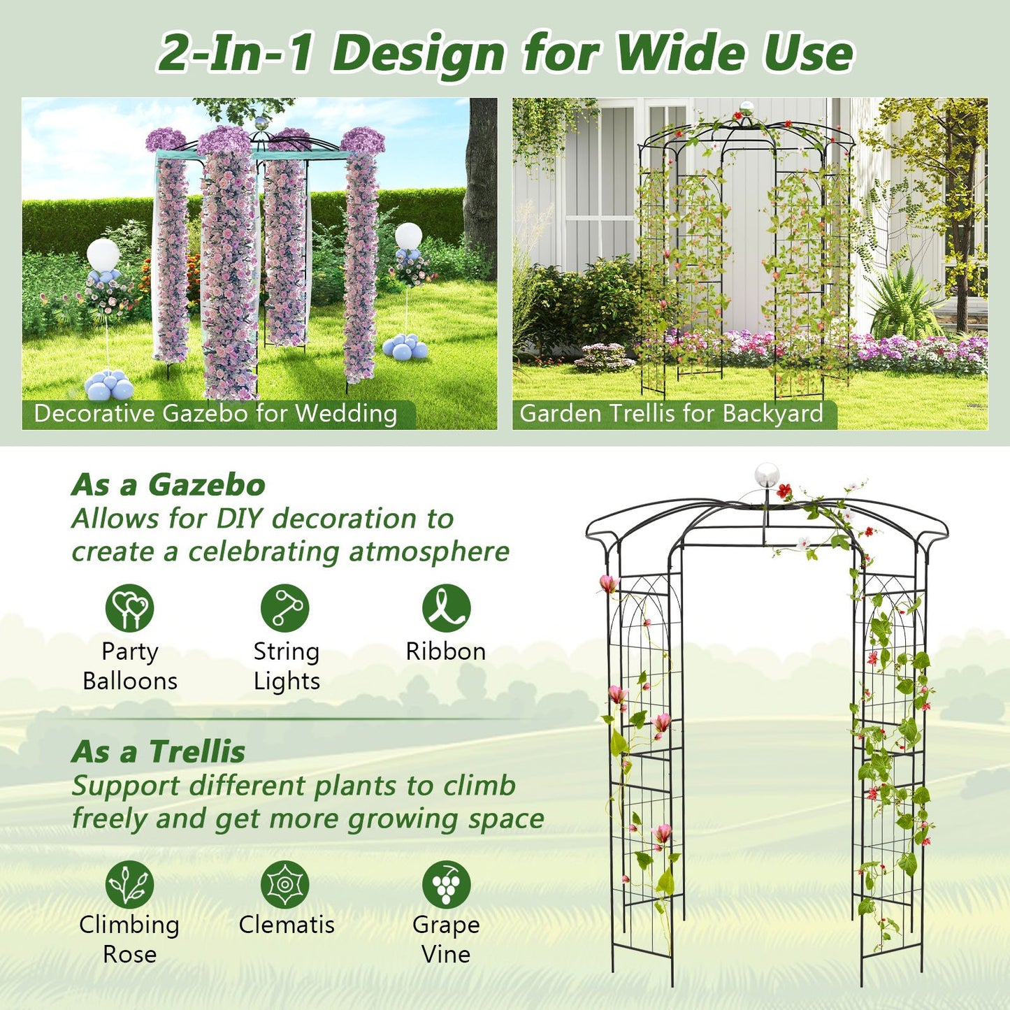 2-in-1 Gazebo Trellis with Hanging Hook and Birdcage Design for Climbing Plants and Outdoor Decoration