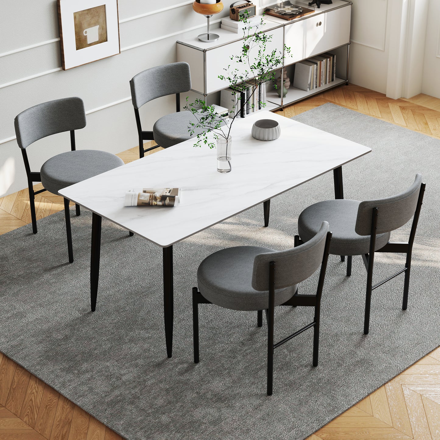 Sherpa Upholstered Dining Chairs Set of 2 with Curved Backrest and Padded Seat - Grey