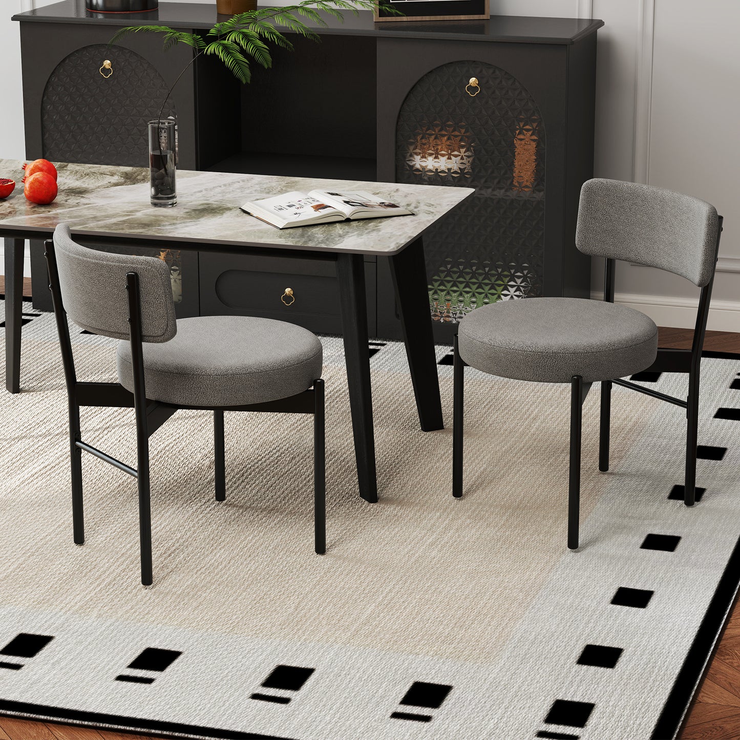 Sherpa Upholstered Dining Chairs Set of 2 with Curved Backrest and Padded Seat - Grey