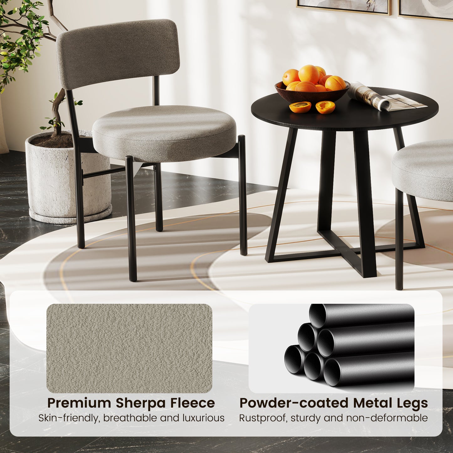 Sherpa Upholstered Dining Chairs Set of 2 with Curved Backrest and Padded Seat - Grey