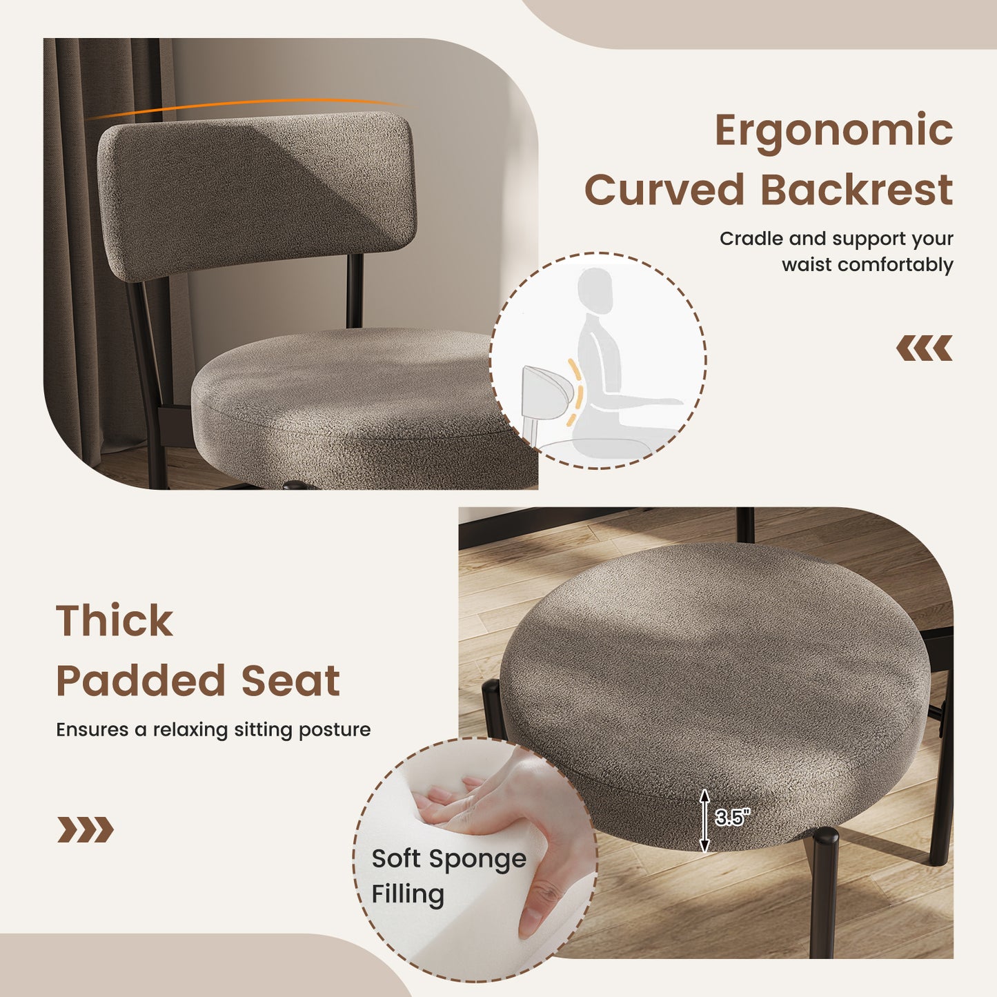 Sherpa Upholstered Dining Chairs Set of 2 with Curved Backrest and Padded Seat - Grey