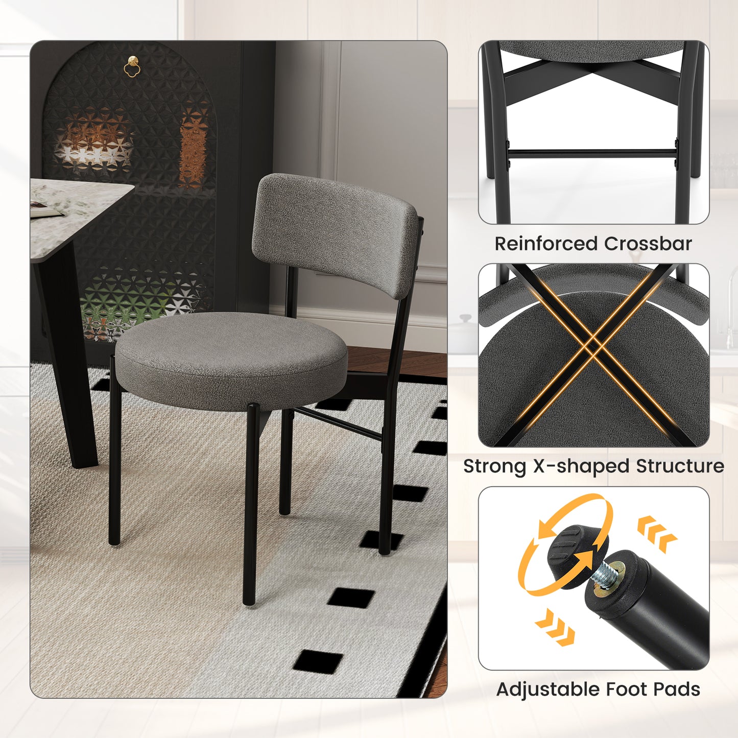 Sherpa Upholstered Dining Chairs Set of 2 with Curved Backrest and Padded Seat - Grey