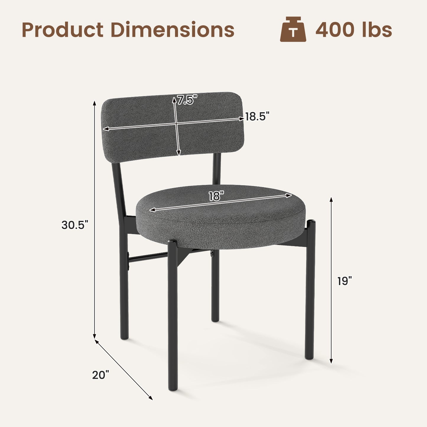 Sherpa Upholstered Dining Chairs Set of 2 with Curved Backrest and Padded Seat - Grey