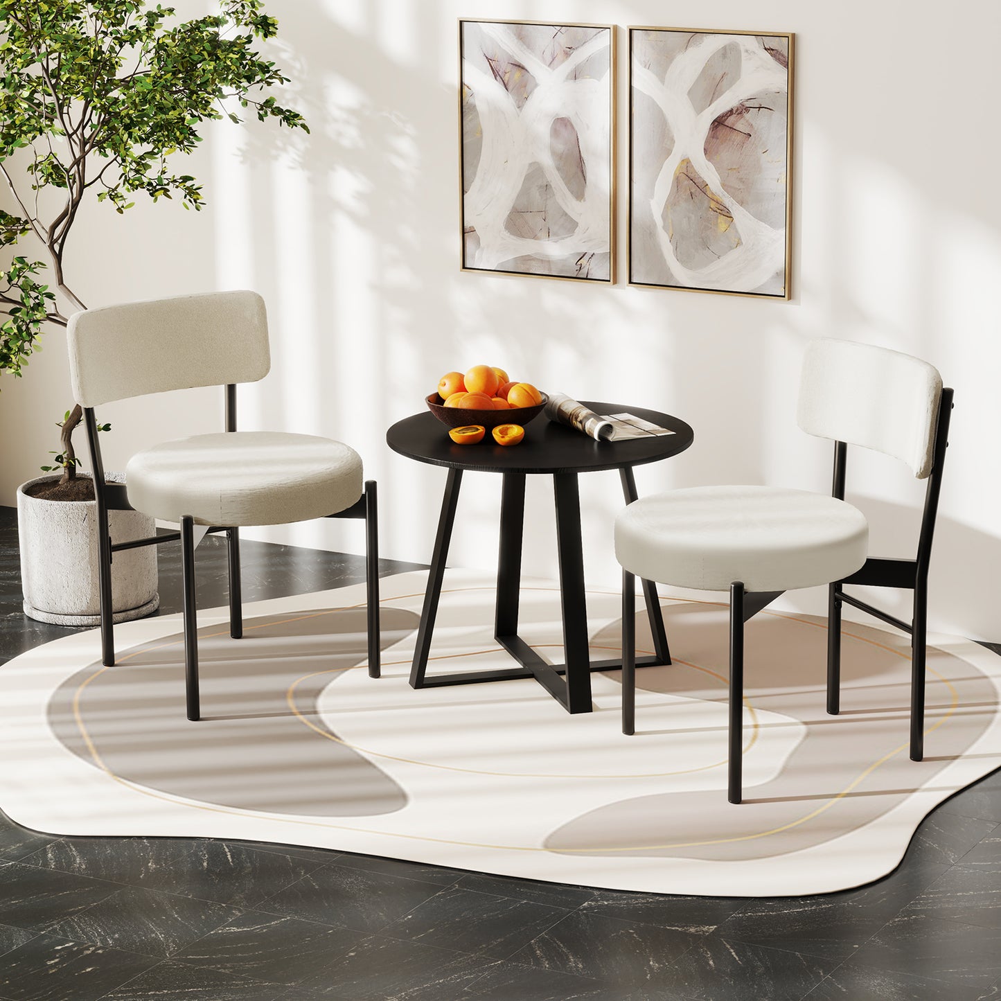 Sherpa Upholstered Dining Chairs Set of 2 with Curved Backrest and Padded Seat - White