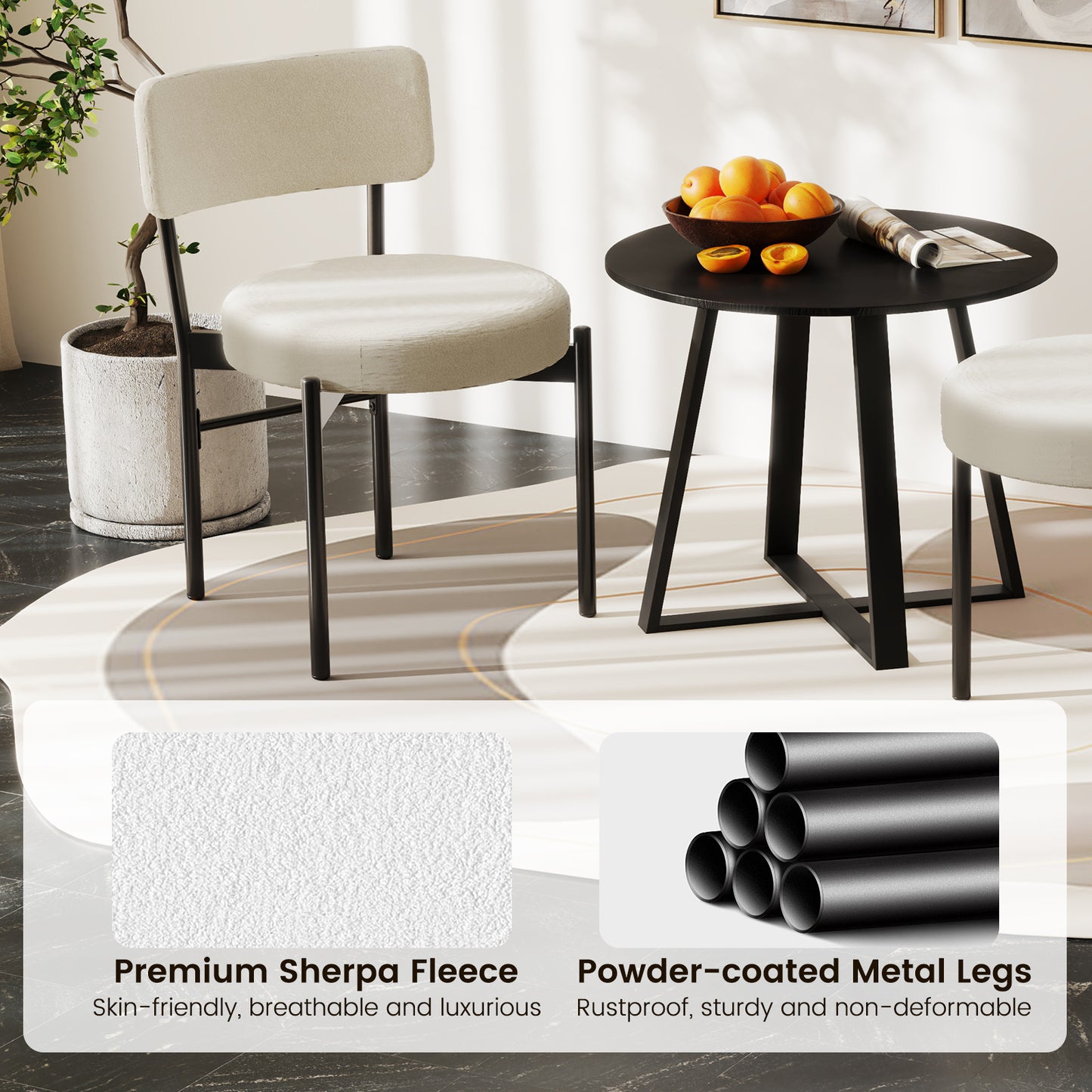 Sherpa Upholstered Dining Chairs Set of 2 with Curved Backrest and Padded Seat - White