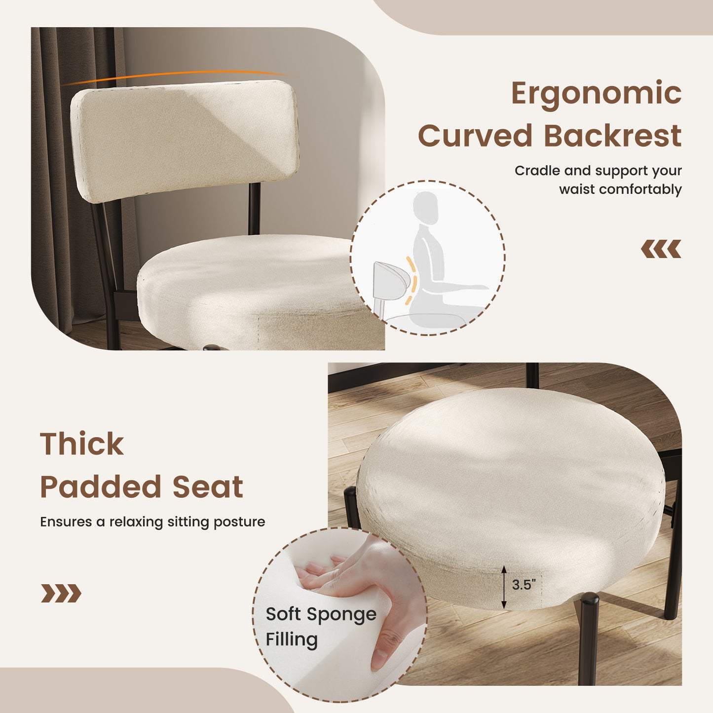 Sherpa Upholstered Dining Chairs Set of 2 with Curved Backrest and Padded Seat - White