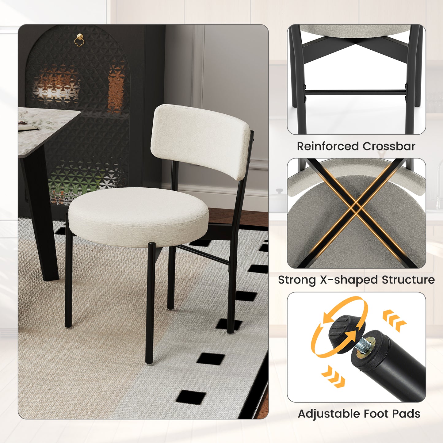 Sherpa Upholstered Dining Chairs Set of 2 with Curved Backrest and Padded Seat - White