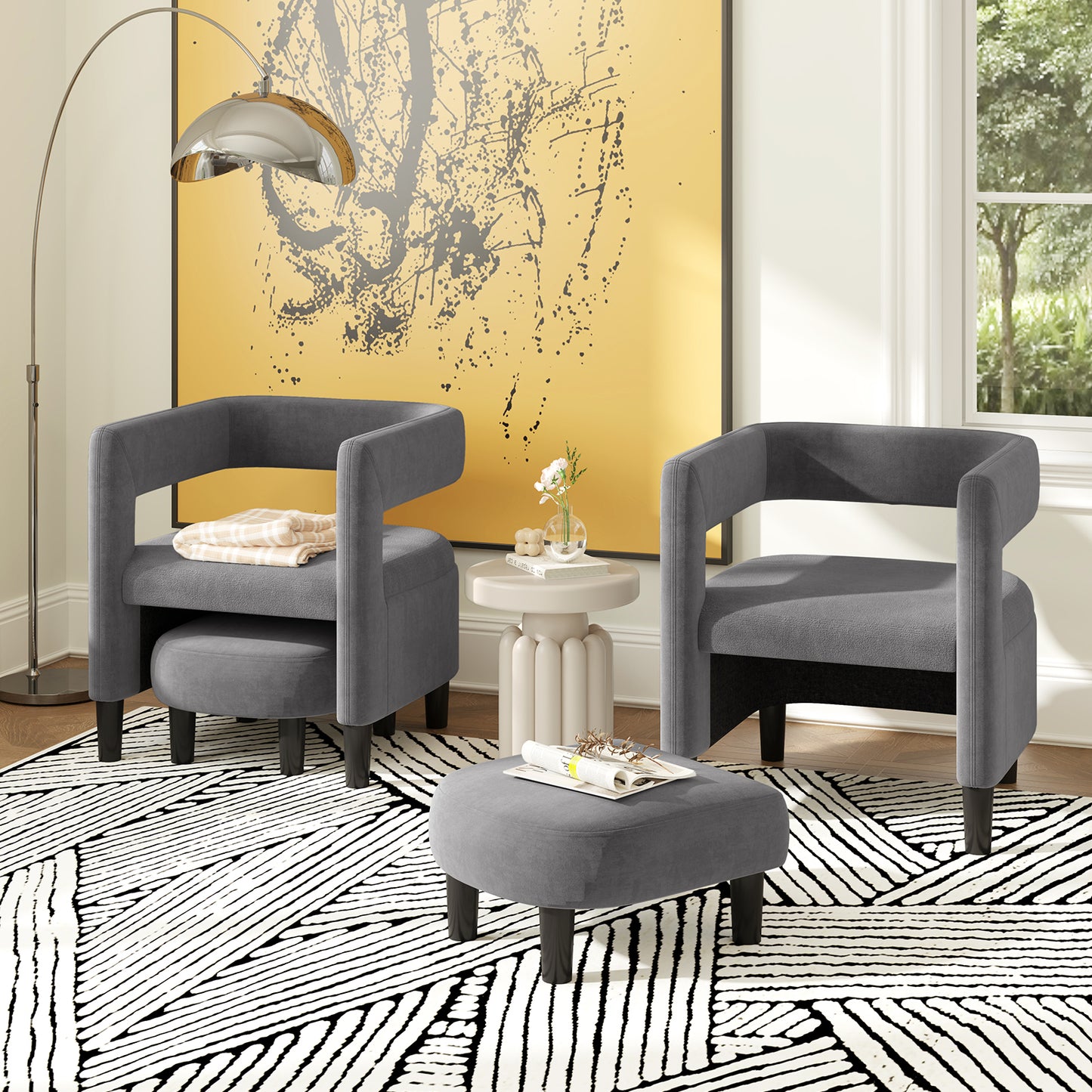 Velvet Accent Chair with Ottoman and Curved Backrest