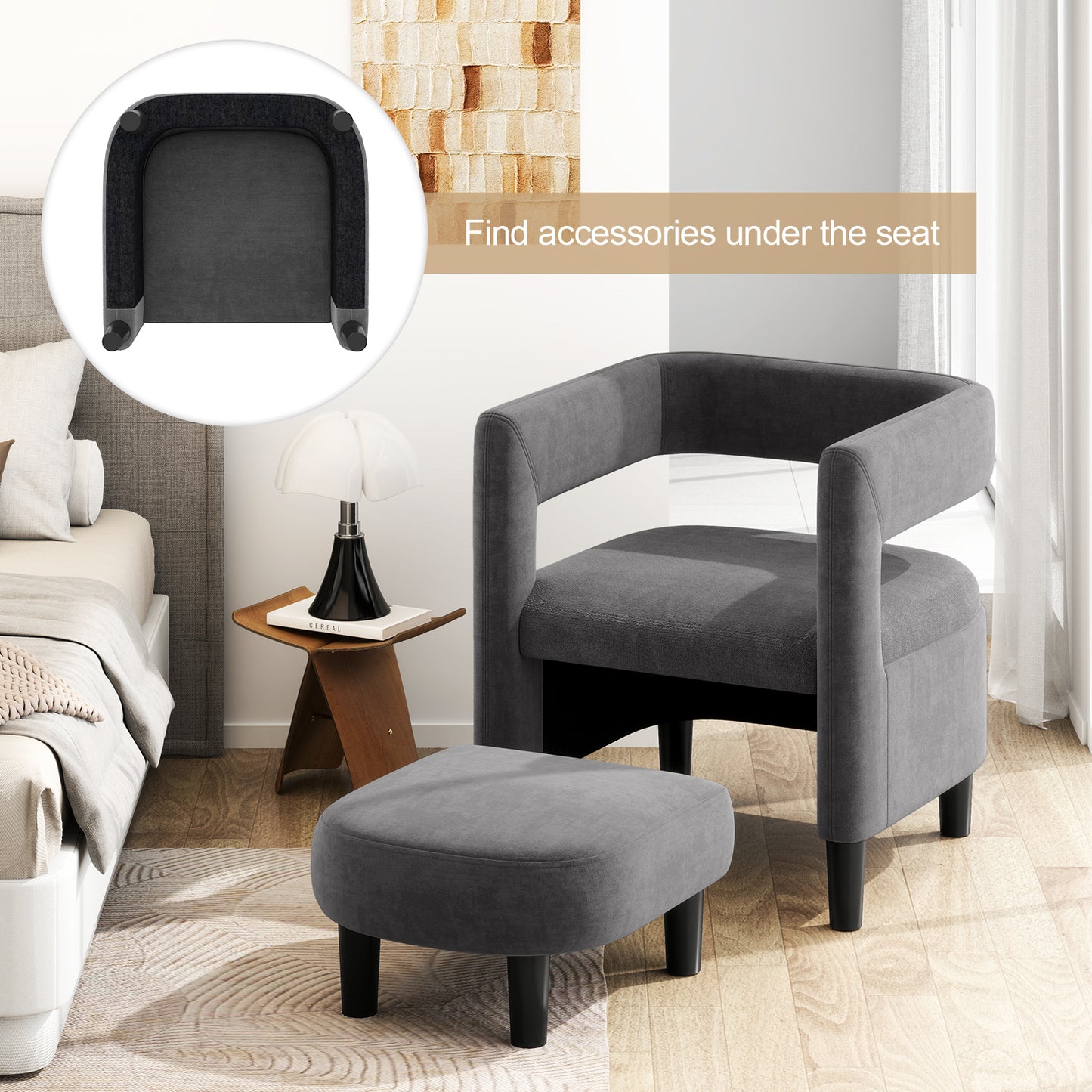 Velvet Accent Chair with Ottoman and Curved Backrest